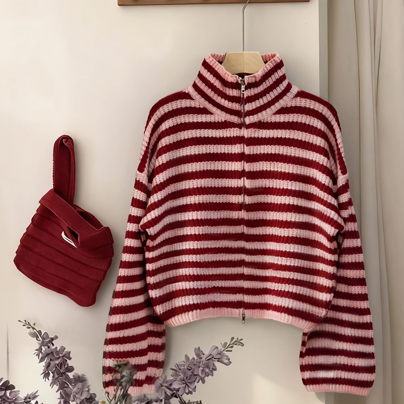 TEMU Red Striped High-neck Double-headed Zipper Sweater Cardigan Women's Autumn Winter Loose Lazy Jacket Top