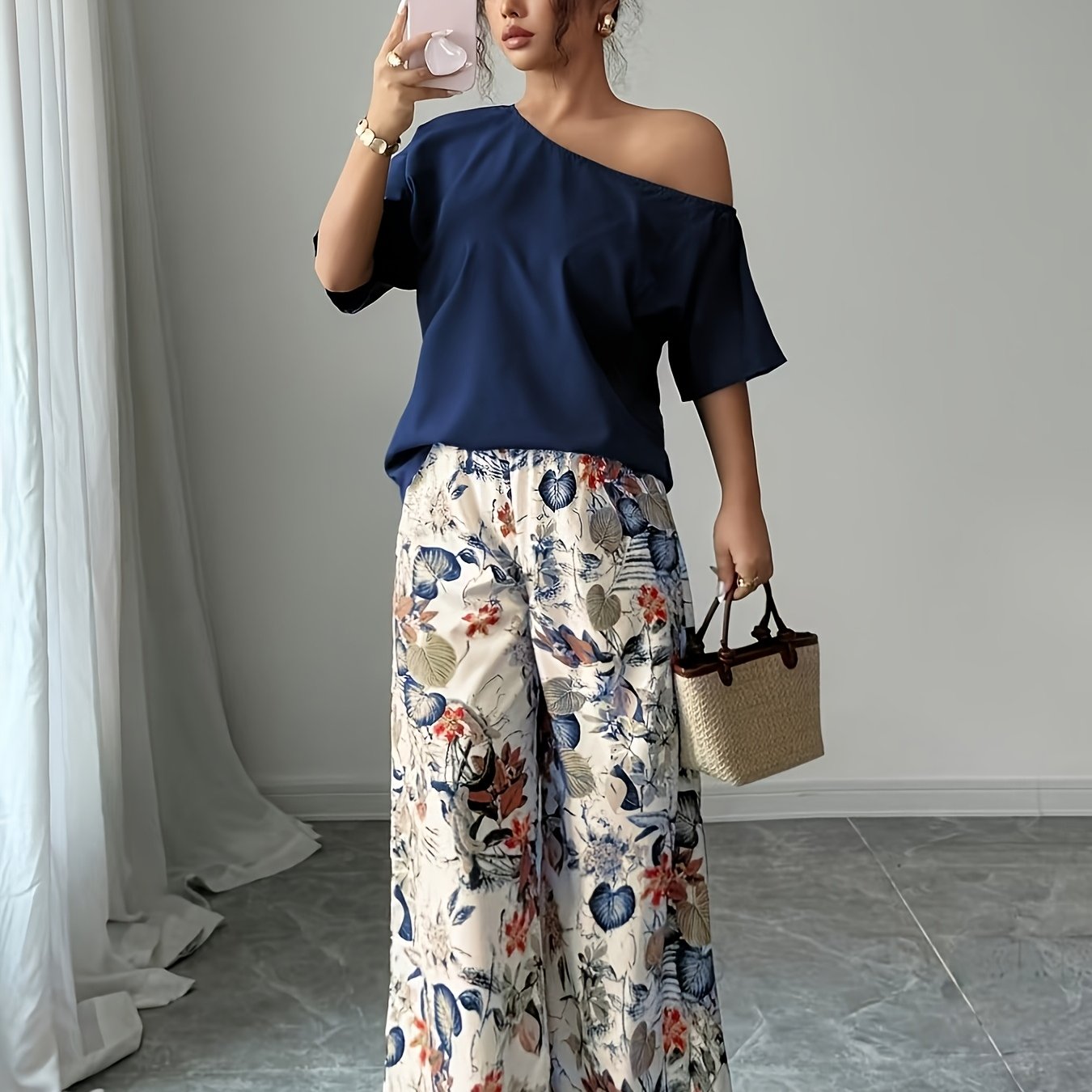TEMU Women's Fashion Summer Casual Solid Asymmetrical Off-shoulder Top And Printed Long Pants 2pcs Set