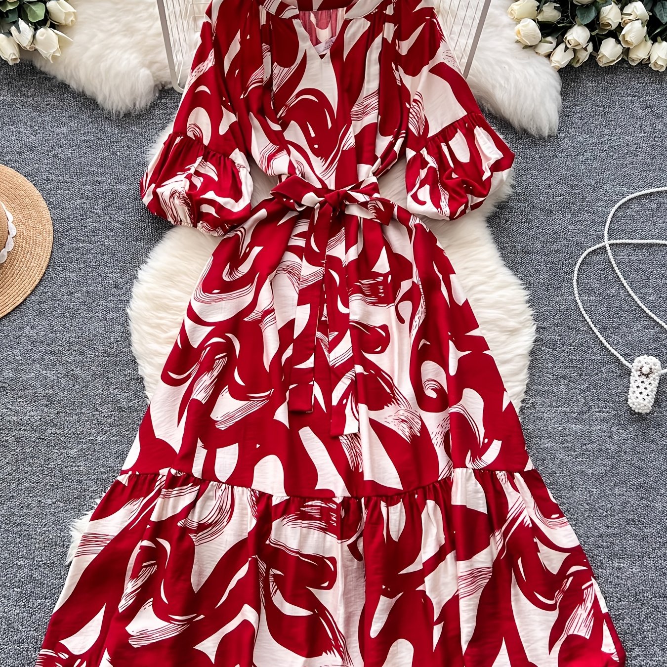 Image of New Niche Vintage V-neck Lantern Sleeve Tie-waist Elegant Long Print Dress