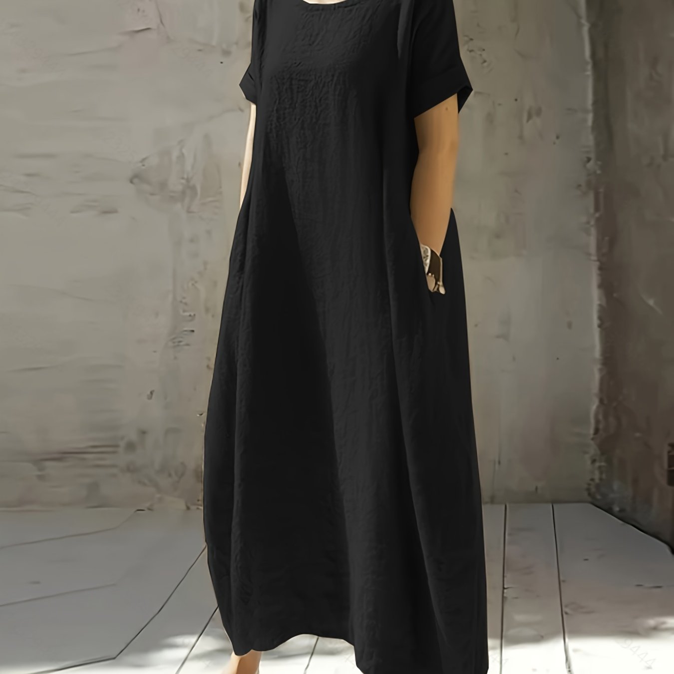 E-shop Sommerkleid für Damen mit Rundhalsausschnitt, Kurzarm und lockerer Passform – Elegantes Midi-Rock in Uni-Farbe mit Tasche