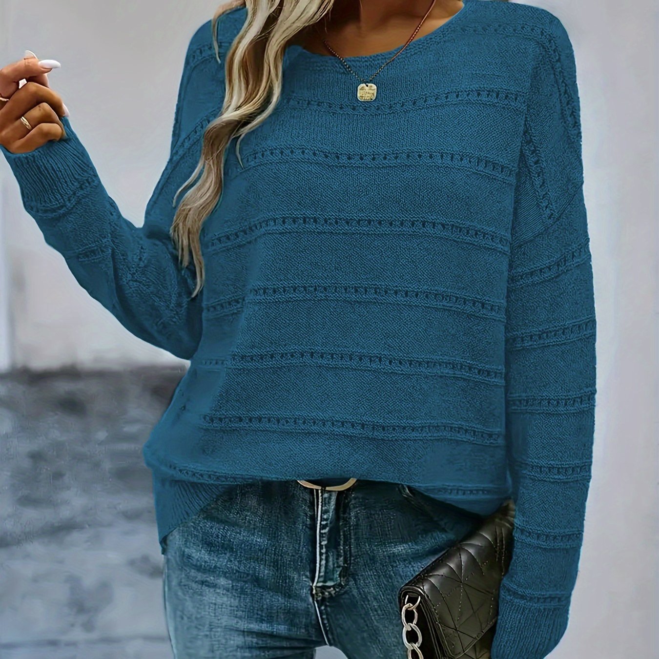 Image of Plus Size - Plus Size - Plus Size Women's Sweater, Casual Hollow Boat Neck Long Sleeve Pullover, Fall Winter, Women's Plus Size Clothing Fashionable And Beautiful