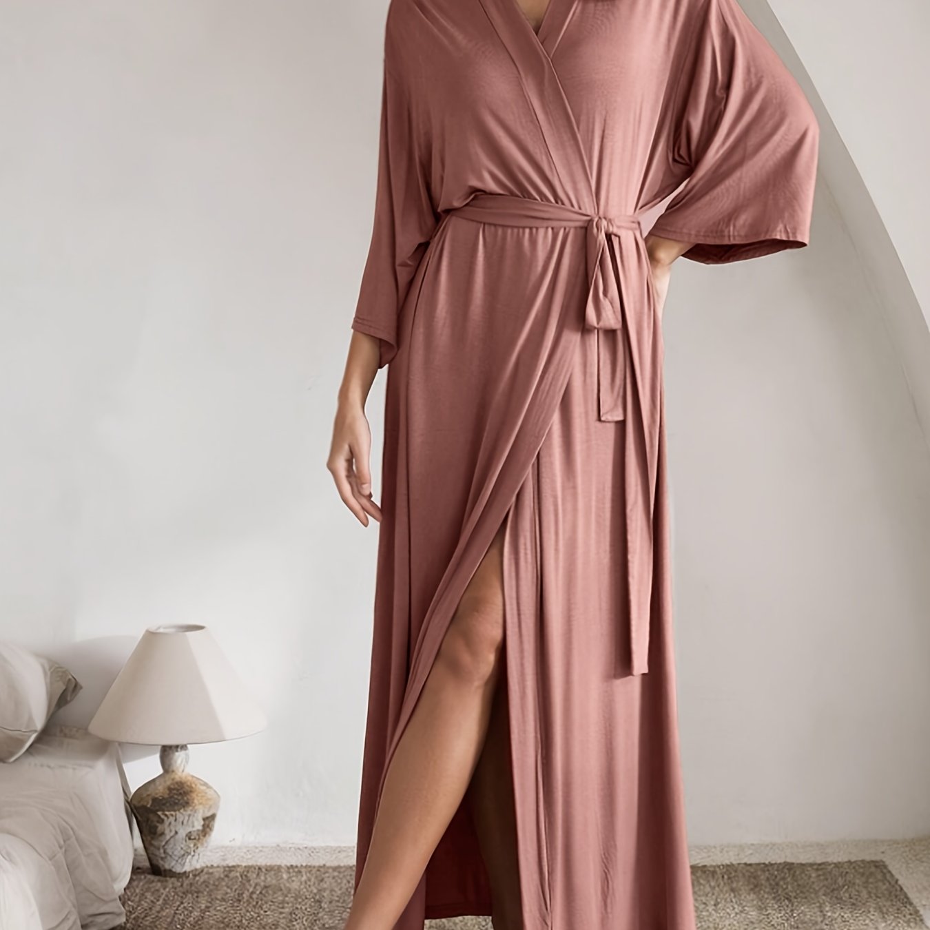 Image of European And American /autumn Women' Color Pajamas, Mid-sleeve Deep V-neck With Belt, Elastic Waist Tie, Fashionable Cardigan Nightgown/sleep Dress