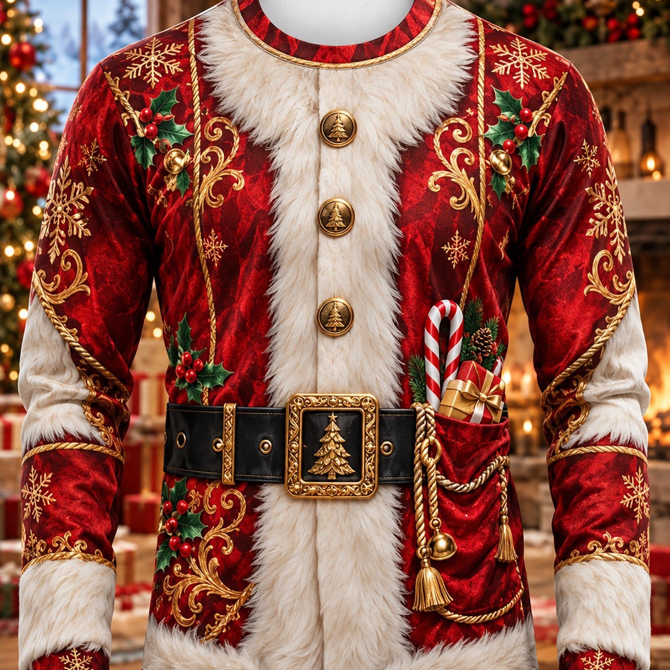 TEMU Men's Long Sleeve Top Santa Suit Red Snowflake Holly Candy Cane For Christmas Party, Mens Gifts Ideas