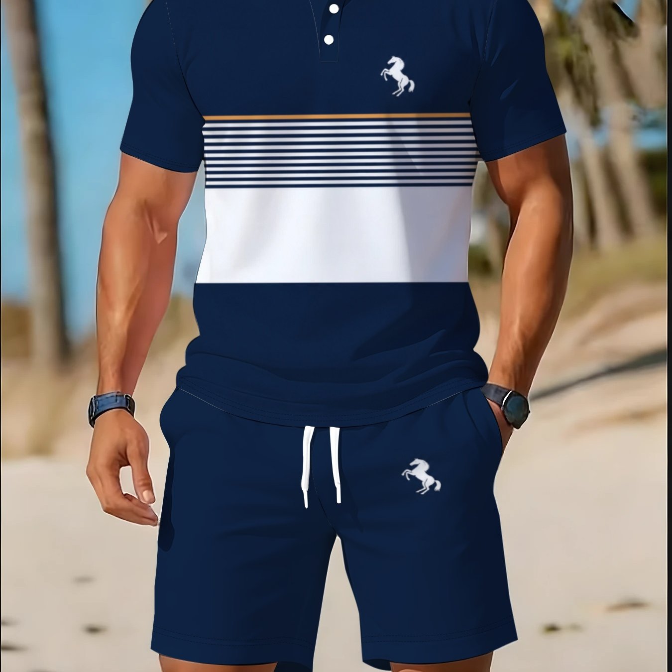 TEMU Ensemble de polo d'été extensible pour hommes, motif géométrique, style décontracté ample, col à revers