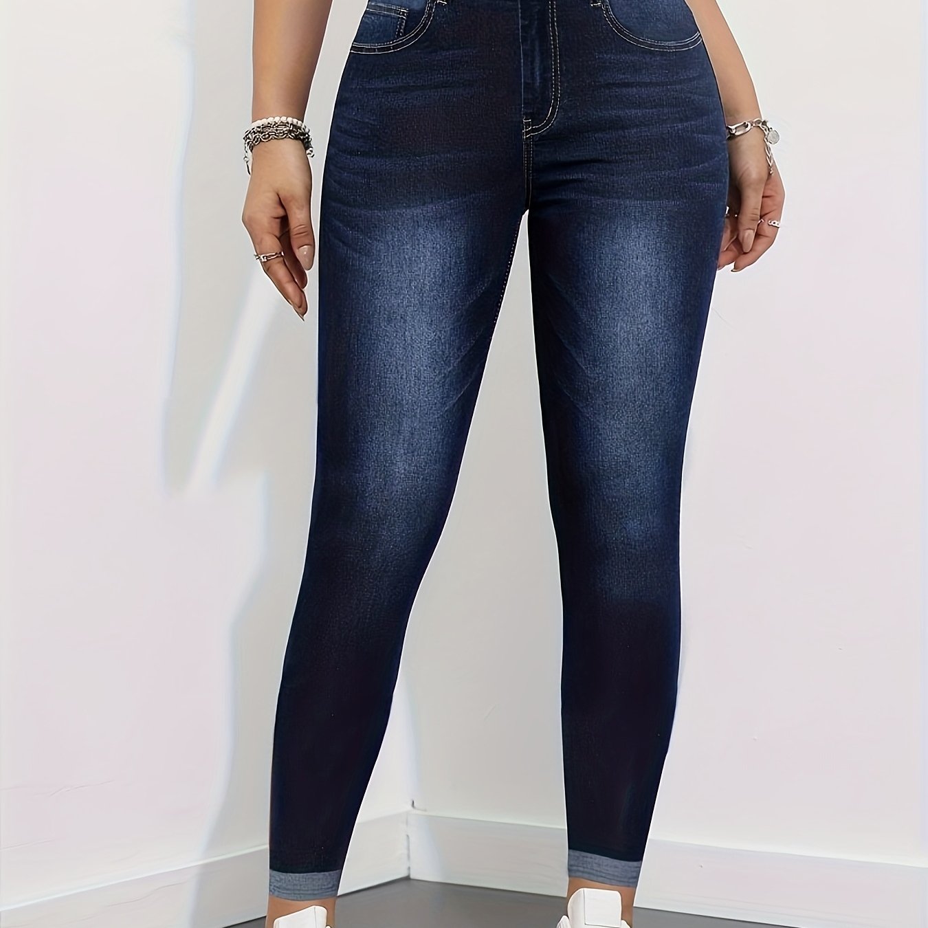 TEMU [Denim-Druck/Imitat-Denim] Gedruckte Leggings – Kein Denim-Stoff, Damen-Imitat-Denim-Leggings, Tiefes Königsblau, Denim-Druck,