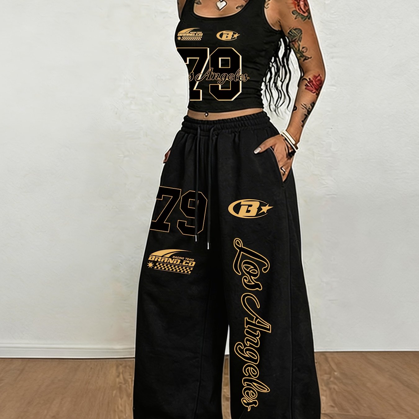 TEMU Spicy Style No. 79 Los Angeles Pattern Print, Women'-piece Set, Women's Crop Top Vest + Elastic Waist Drawstring Casual -leg Pants Women'-piece