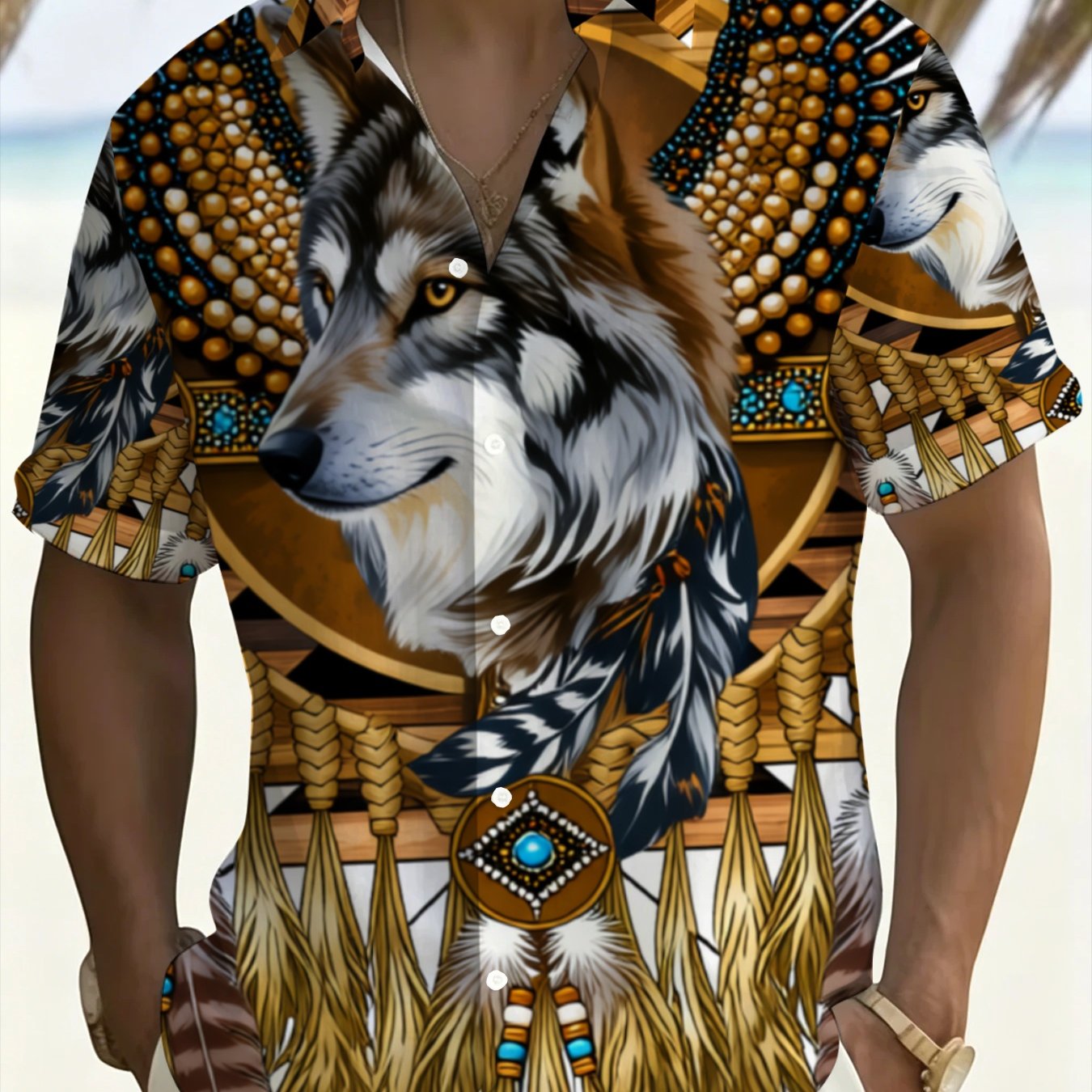 TEMU Men's Hawaiian Wolf Print Short Sleeve Shirt - Plus Size -up Collar Beach Shirt With Wolf & Hawaiian Suitable For Hawaii Vacation, Casual Summer