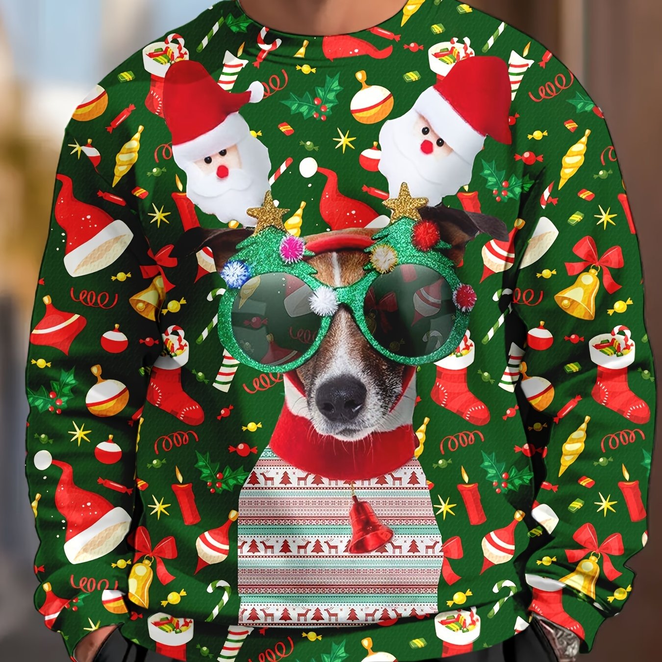 TEMU Men's Plus Size Christmas Sweatshirt, 3d Dog Print, Crew Neck, Soft Polyester Knit, Stretch, Long Sleeve, Party Casual Pullover, Machine