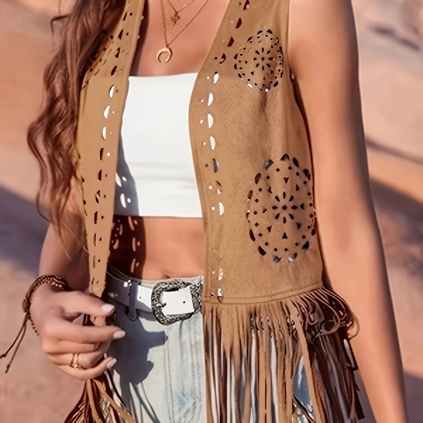 TEMU Fringe Sleeveless Vest Cardigan, Women's Openwork Cardigan, Lingshuangxiang Yy260202065