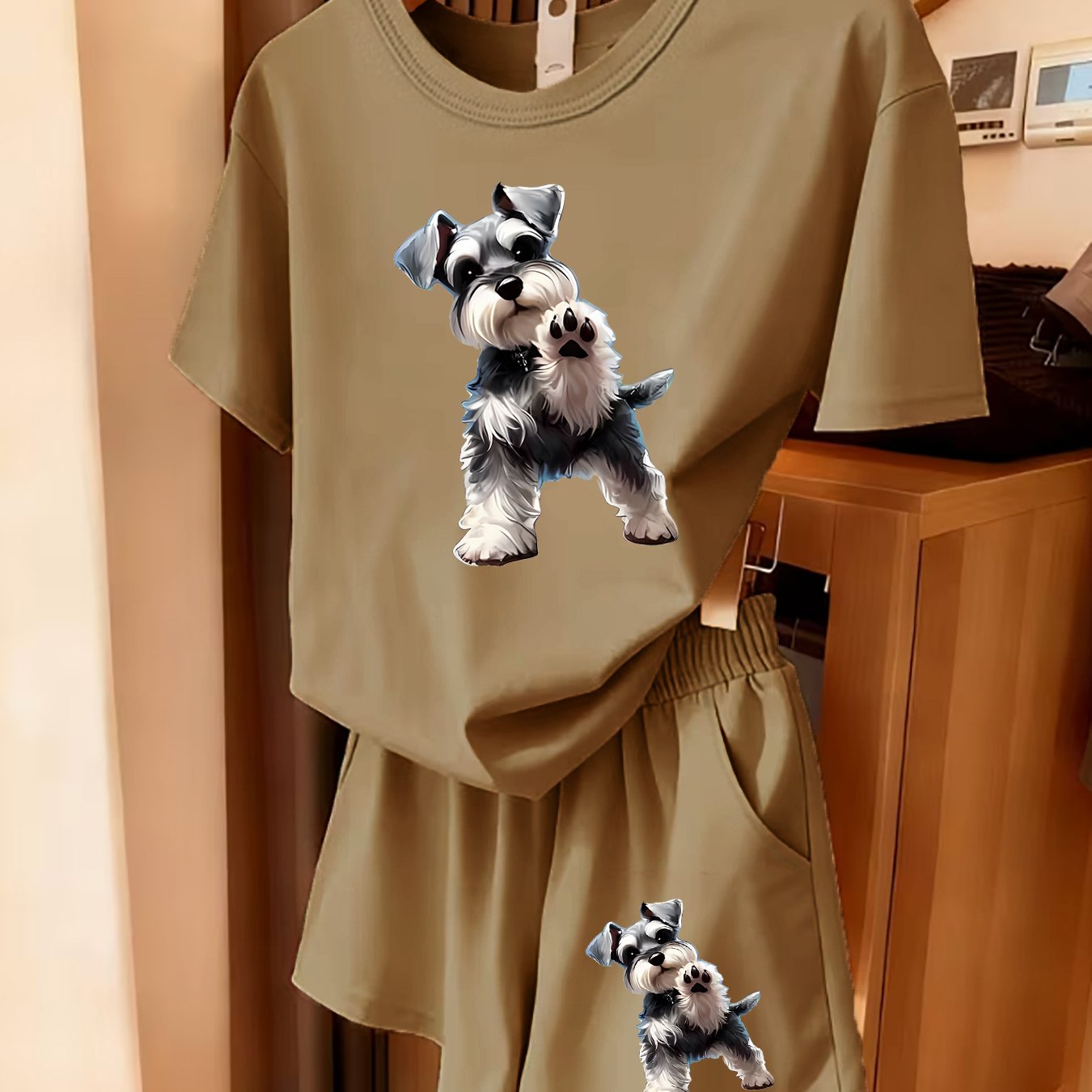 TEMU 2pcs Women's Summer Casual Sport Short-sleeve Setâcute Schnauzer Paw Print Short-sleeve And Shorts Set, Comfortable, Soft, And Breathable For