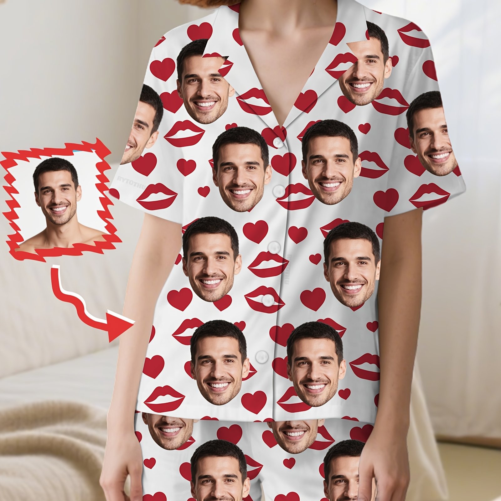 TEMU Ensemble de pyjama court personnalisé pour femmes, chemise à manches courtes à motif cœur et , 3 styles disponibles, ensemble de pyjama amusant