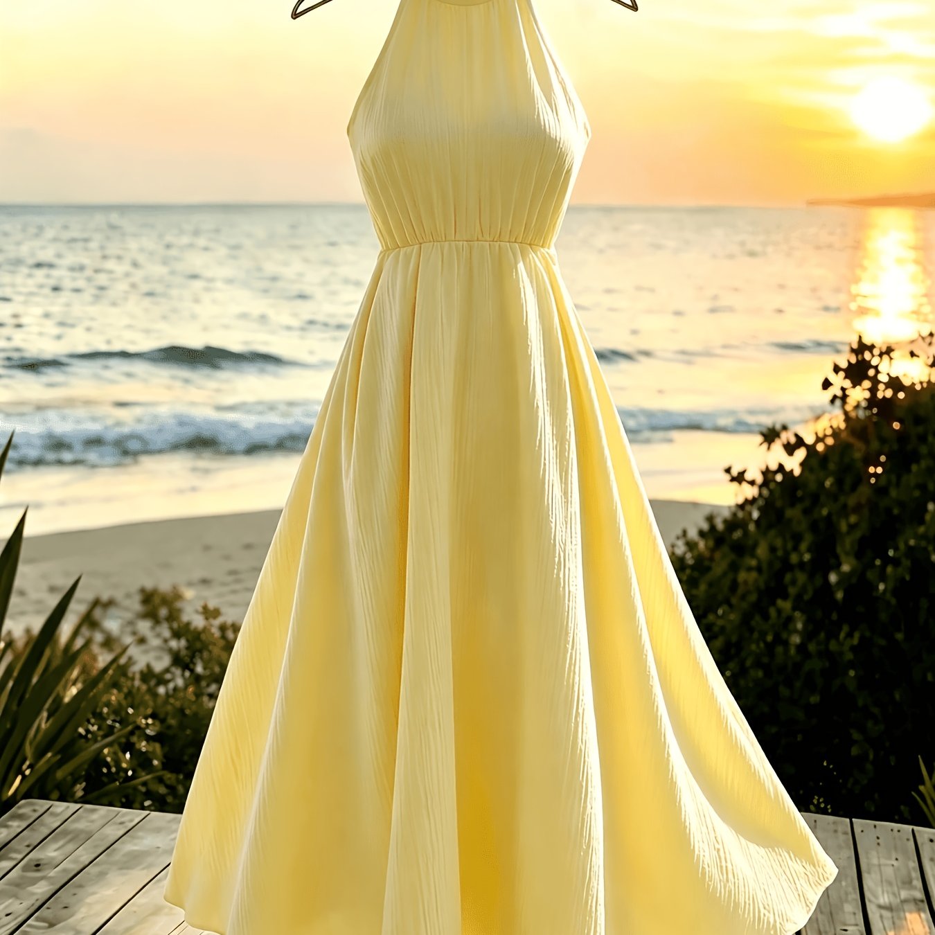 TEMU Women's Elegant Textured Pleated Backless Dress, Light Yellow, Summer, Tropical Style, Vacation, Holiday, Beach Wedding Guest Party Graduation