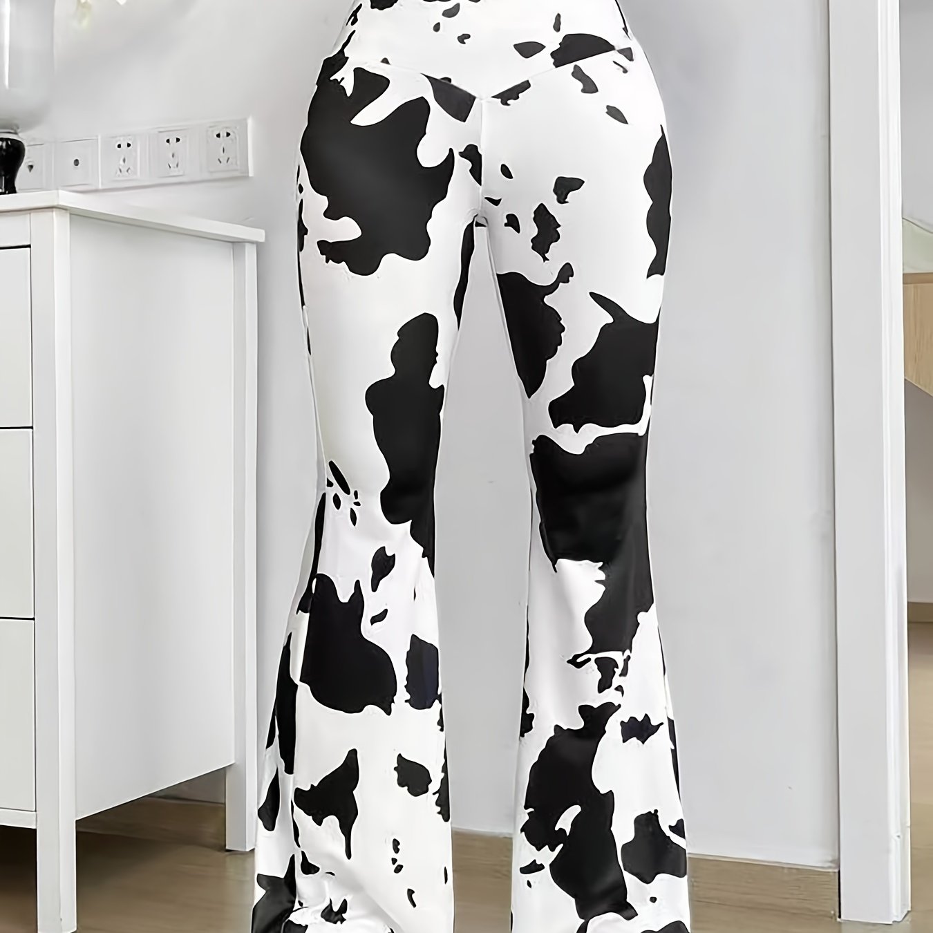 womens fitted flared pants cow print | temu Temu