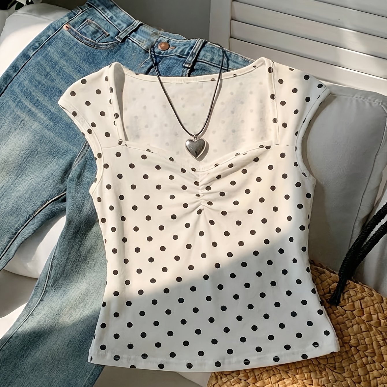 TEMU Tween Black & White Polka Dot Pleated Bust Sweet Casual T-shirt, Y2k Teenage Fashion, Suitable For , Back To, Holiday Family Outdoor Picnic,
