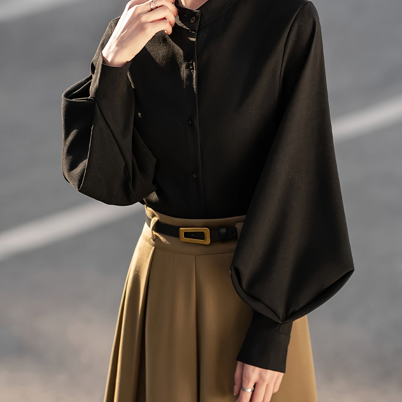 TEMU Chic Fall/winter Women's Blouse - Fashionable Lantern Sleeve, Stand Collar, Solid Color, Machine Washable, For Autumn, Spring