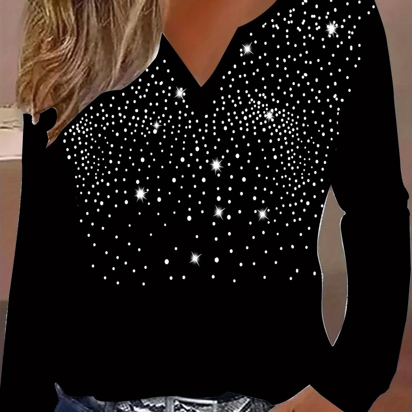 Image of Elegant Fitted Long Sleeve V-neck Women's T-shirt Trendy Slim Shiny Rhinestone Starry Sky Women's Top