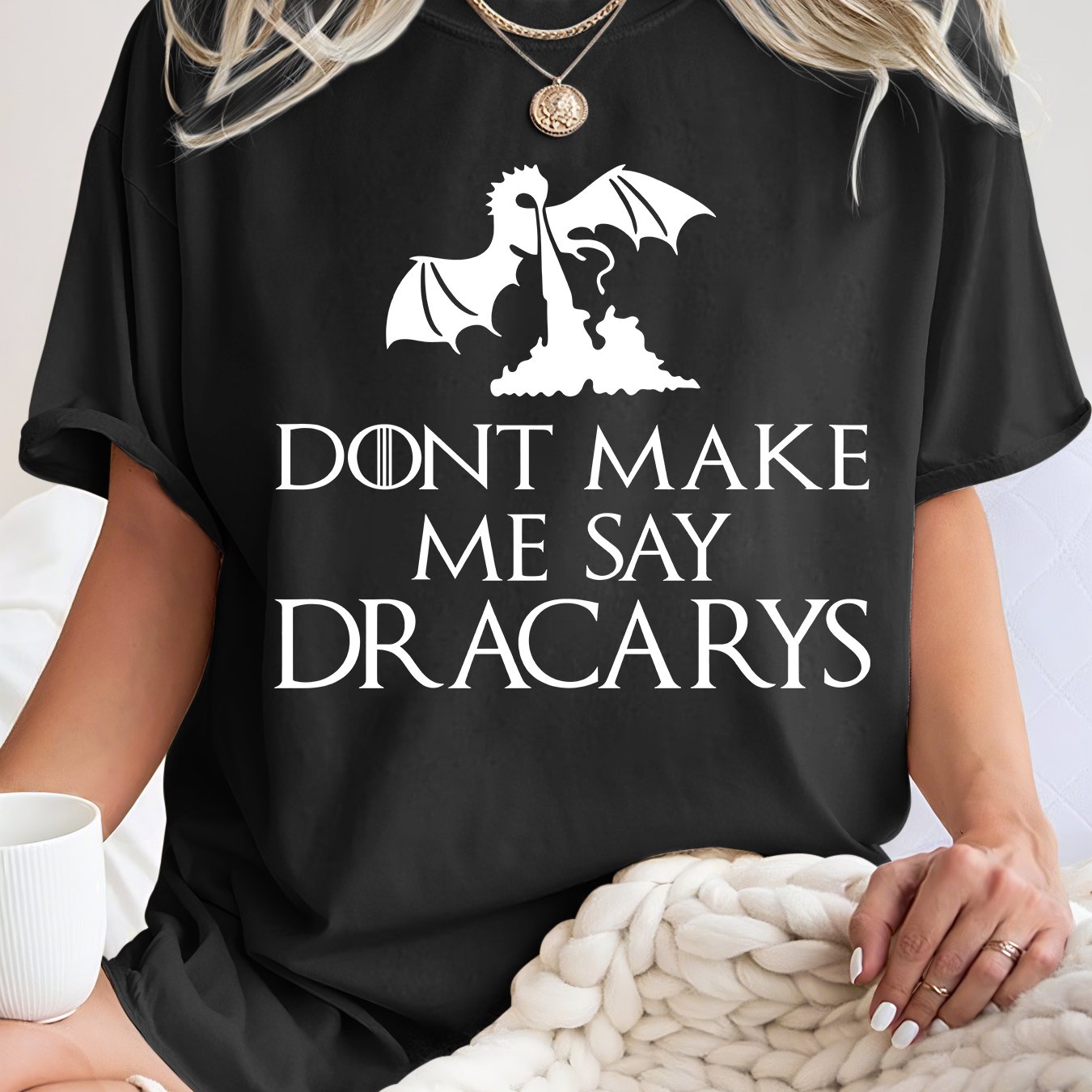 TEMU Dracarys Minimalist Silhouette Text Print Women's Short Sleeve T-shirt | 2026 Summer New 90s Warner . Classic Movie Apparel | Casual Vacation