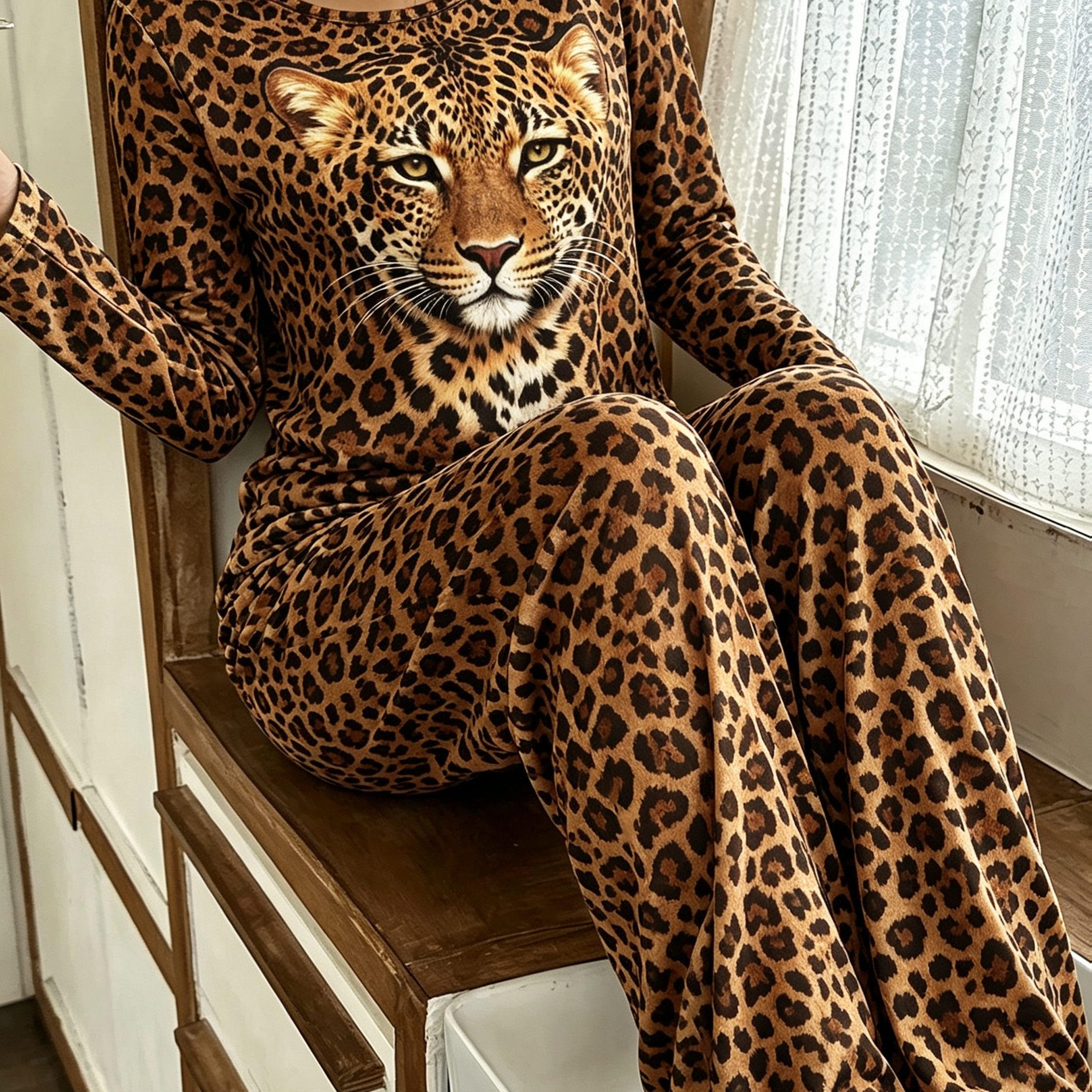 TEMU Autumn/winter Women's 2pcs Pajama Set, Leopard Print Pattern Crew Neck Long Sleeve Top With Long Pants, Casual And Comfortable Loungewear