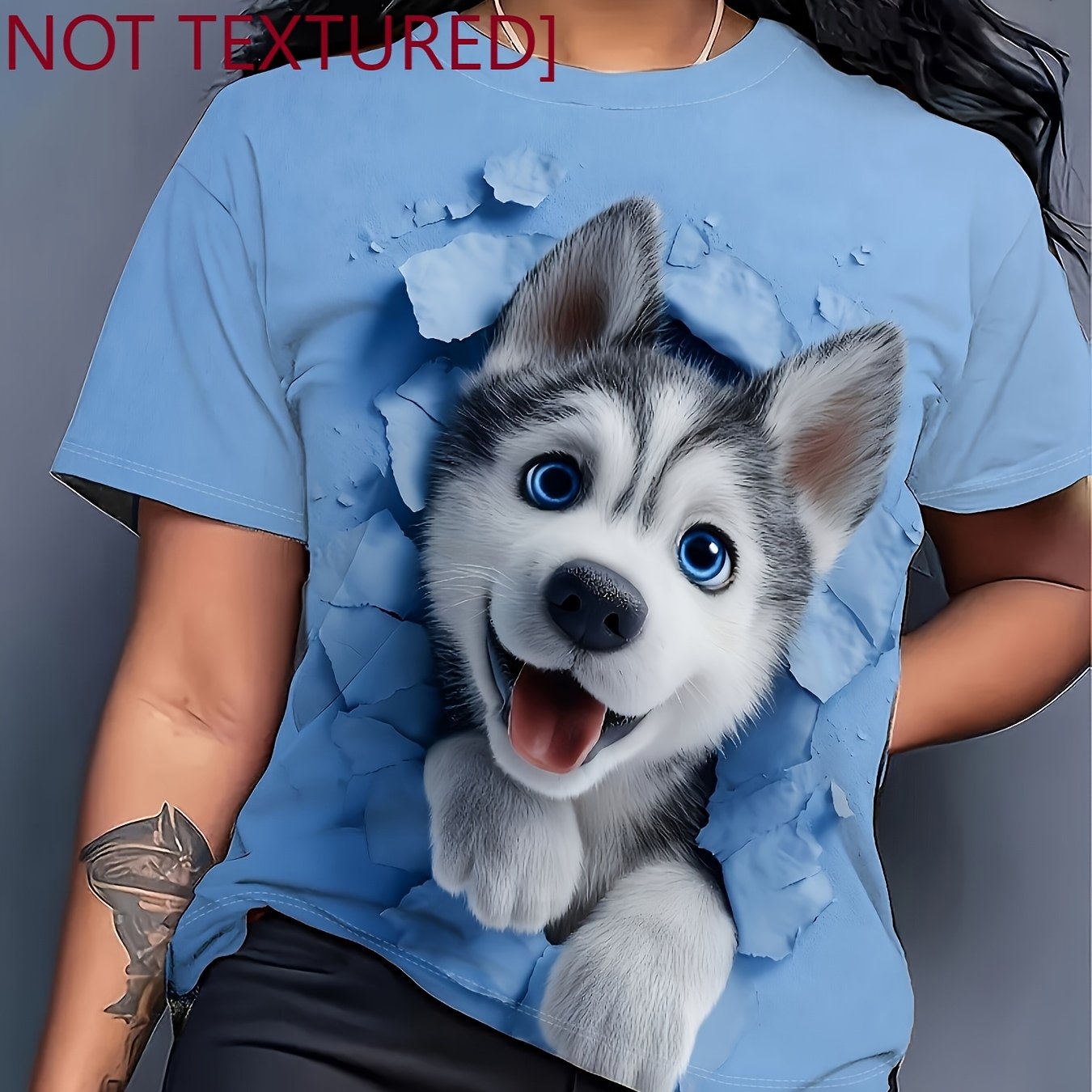 TEMU Women's Printed T-shirt, Husky Print T-shirt Women's Creative Casual Summer T-shirt Pet Lovers Individual Versatile Style Round Neck Top-fashion