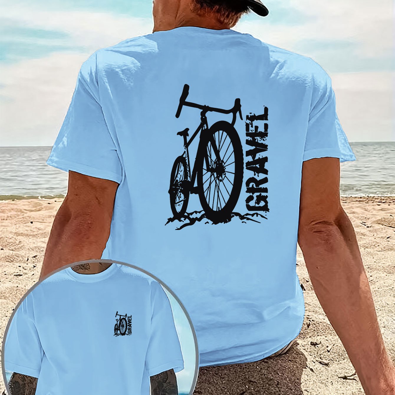 TEMU 1pc Creative Pattern Designed Men's Casual T-shirt, Gravel Bike Print, Cycling Enthusiast Outdoor Short Sleeve, Front And Back Double-sided