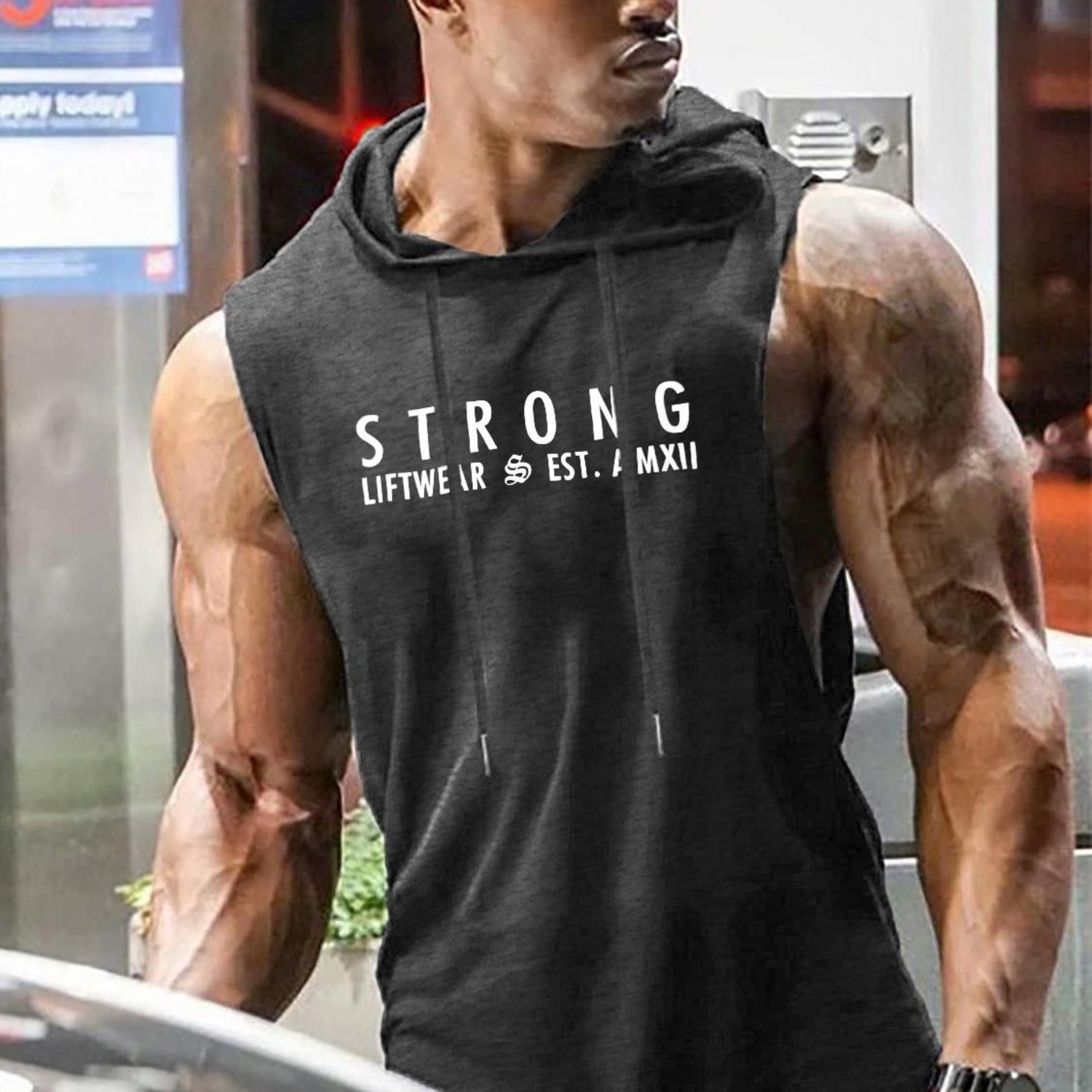Image of Men's Sleeveless Hooded Workout Tank Top - Strong Printed Breathable Gym Fitness Shirt