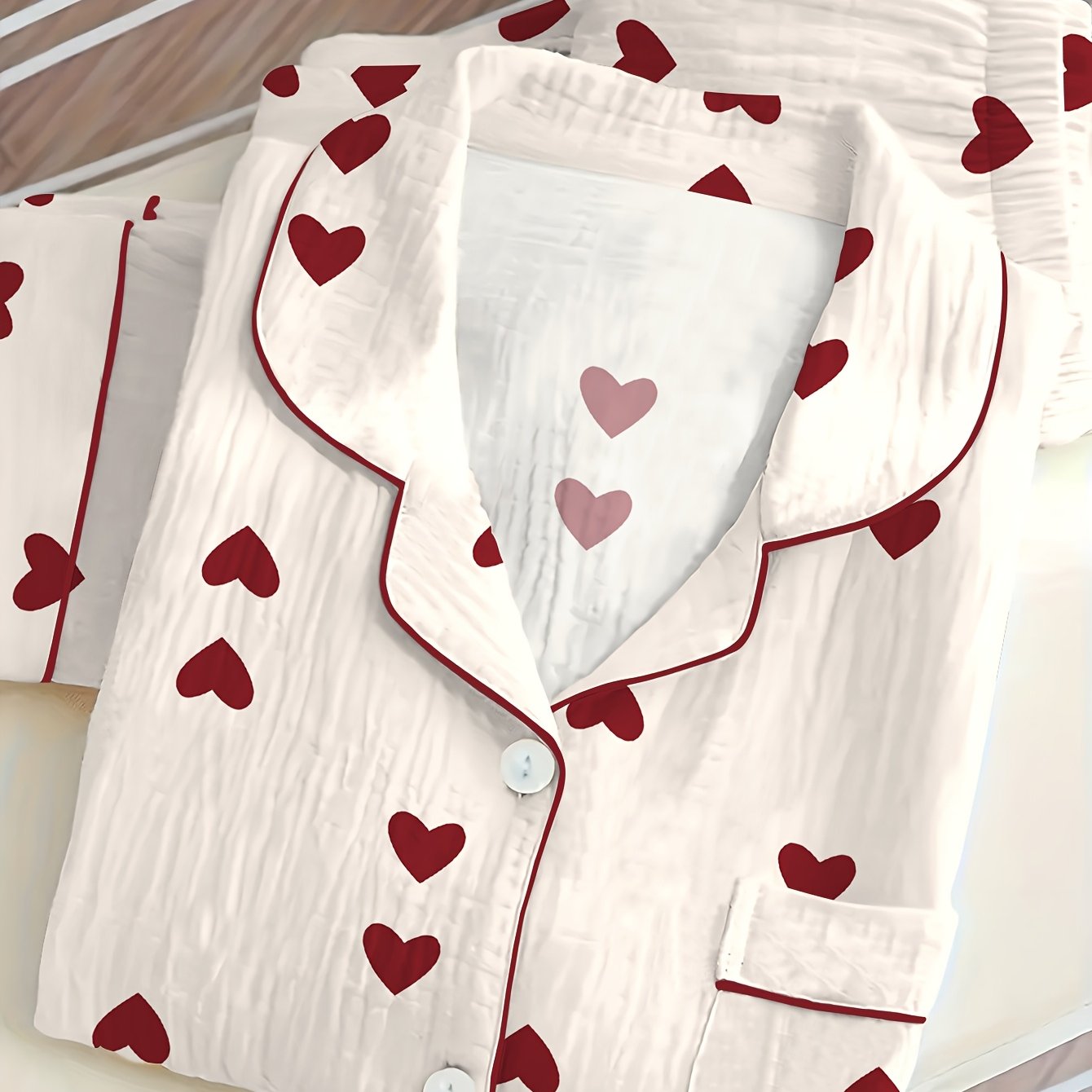 Image of Women's Cozy Chiffon Pajama Set With Heart Print - Long Sleeve, Lapel Collar Top & Elastic Waist Pants, Machine Washable