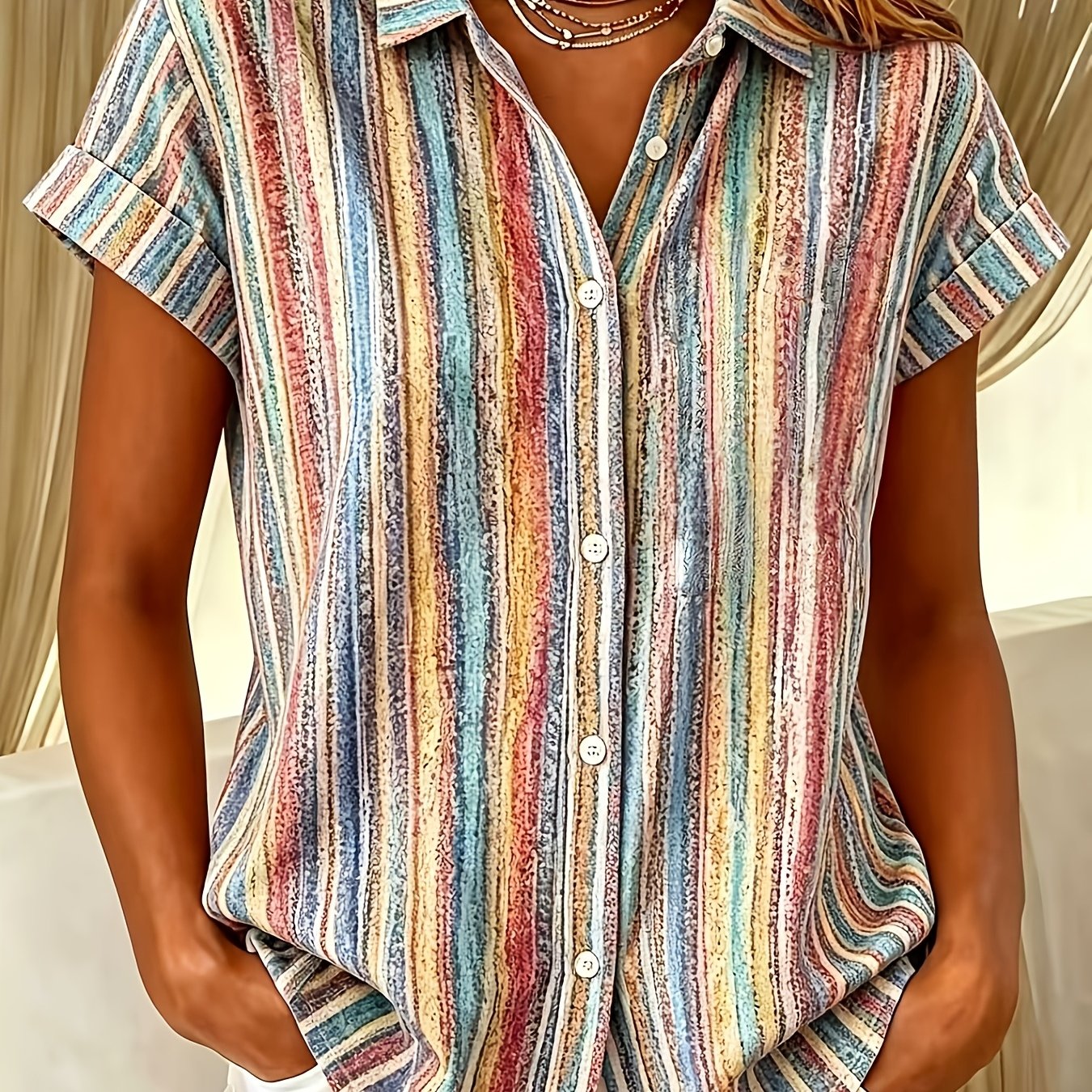 Image of Women's Summer Vintage Multicolor Striped Short Sleeve Button-up Shirt, Loose Casual Lapel All-match Top For Daily Outing