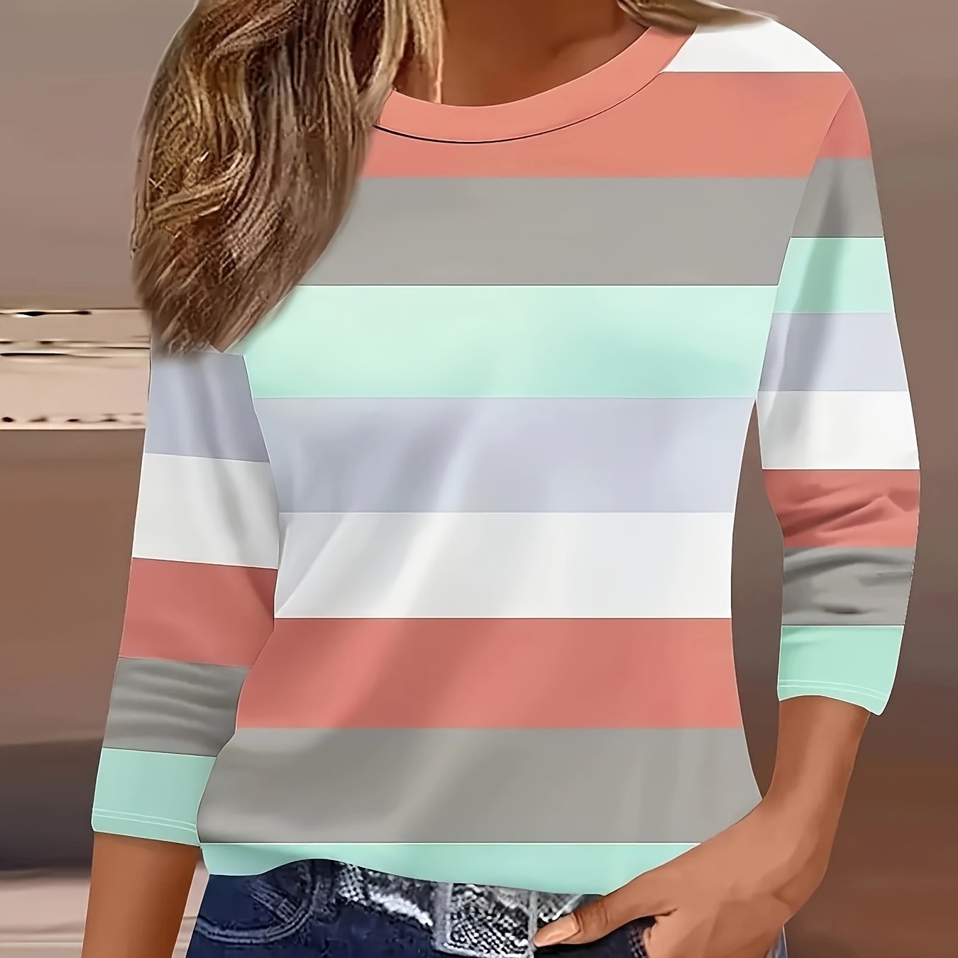 TEMU Women's Fashion Spring Summer New Women's Clothing, Striped Print, Round Neck 3/4 Sleeve, Loose Casual Top Base T-shirt, Daily Date, Versatile