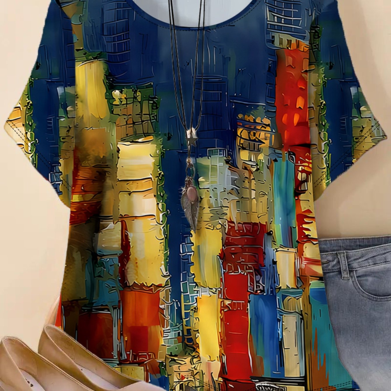 TEMU Plus Size - Plus Size - Plus Size Women's Round Neck Stretch T-shirt, Loose Short Sleeve T-shirt For Inner And Outer Wear, Summer New Abstract