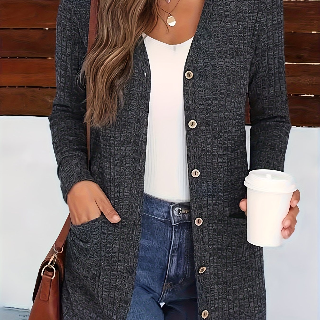 TEMU Plus Size - Plus Size - Winter Solid Color Loose Long Sleeve Pocket Cardigan Jacket Women's Clothing