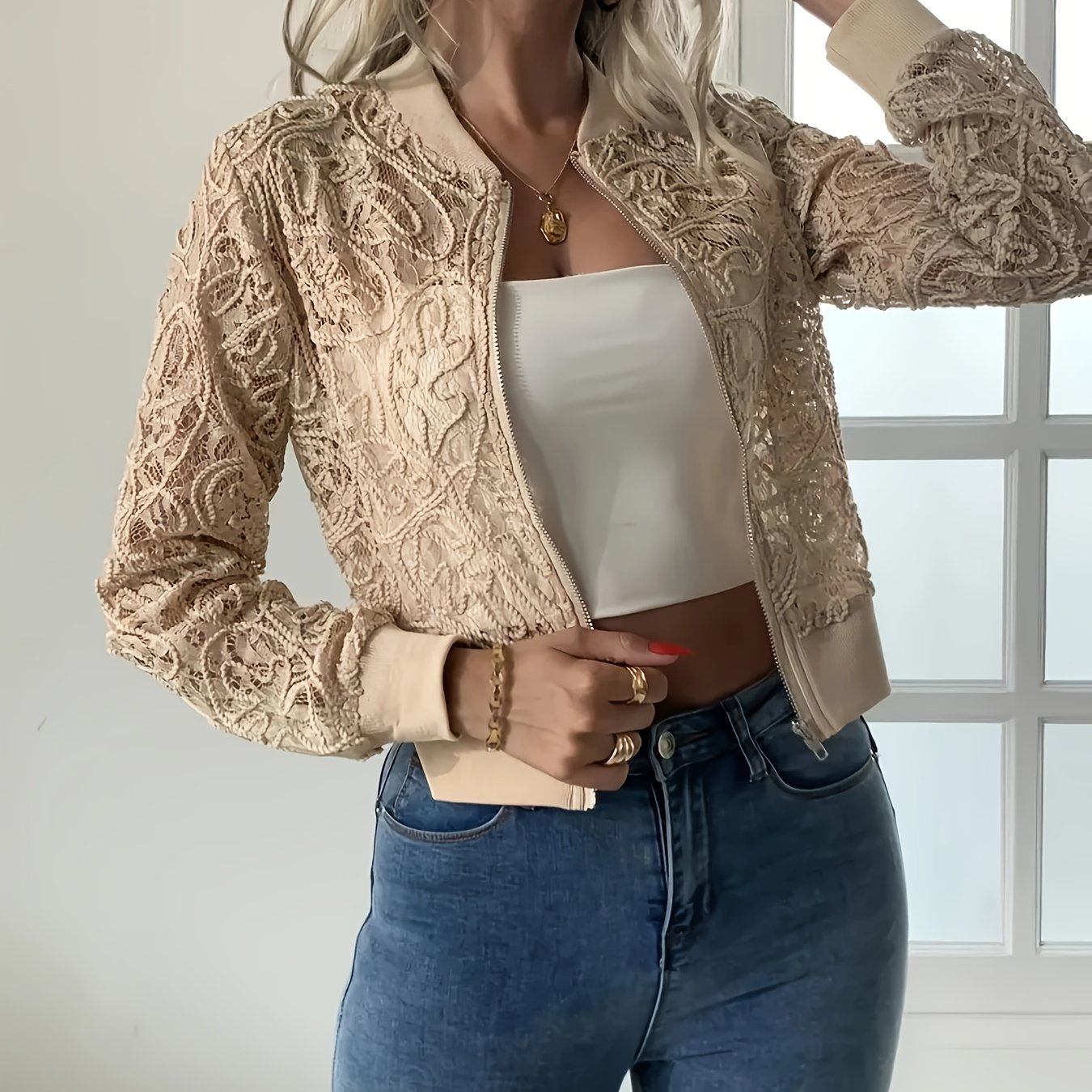 E-shop Damen Elegante Glänzende Grafik-Frontzip-Kurzmantel, Langarm Rundhals Perfektes Design mit Halbtransparenten Einsätzen Maschinenwaschbar für