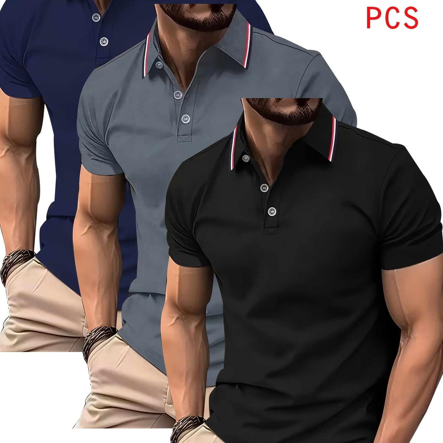TEMU Striped Shirt Set Of 3, -blue Color-block Collar With 3 Of Buttons, Breathable Quick-dry Golf Casual Shirt, Lightweight Stretch Polyester Button