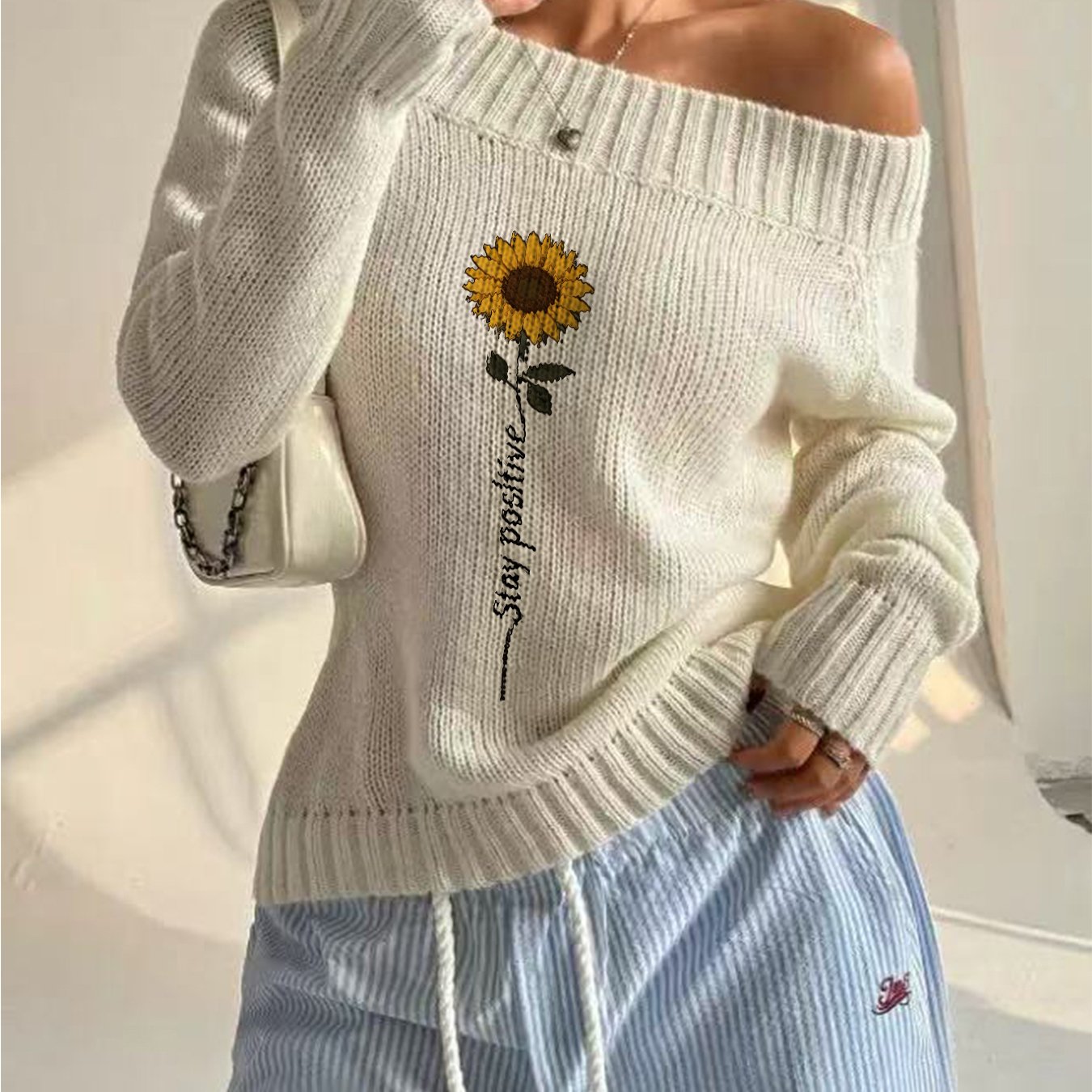 TEMU Off-shoulder Print Sweater For Women, Soft And Loose Long Sleeve Sweater For Spring And Autumn