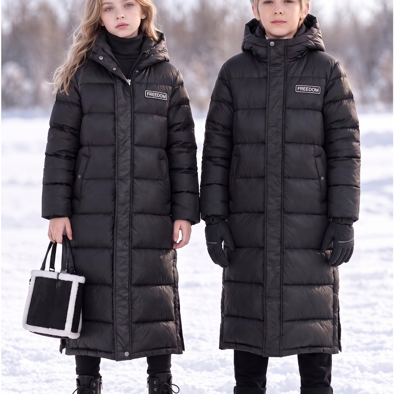 TEMU Manteau Long d'Hiver pour Filles, Noir, Long, Au-dessus du Genou, à Capuche, Fendu Latéralement, Épaissi, Chaud, Élégant, Vêtement d'Hiver,