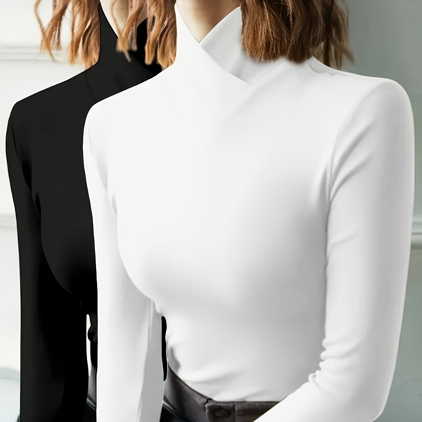 TEMU Black And White 2pcs Set Spring/autumn New Women's Inner Layer -shirt Design -neck Top