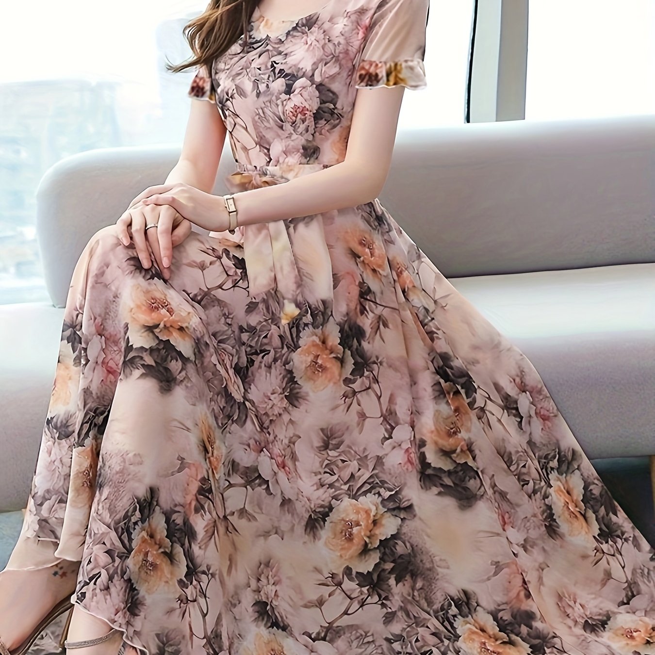 E-shop Elegantes Damenkleid mit Pfingstrosenmuster und langen Ärmeln - A-Linien-Chiffonkleid mit Rundhalsausschnitt, maschinenwaschbar, geeignet für