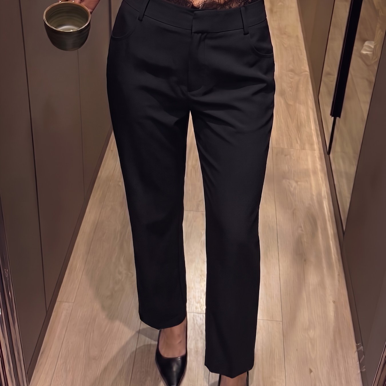 TEMU Women's New Elegant And Fashionable High-waist Slim-fit Lace-trimmed Waistband Solid Color Skinny Pants, Long Trousers For Graduation Season And