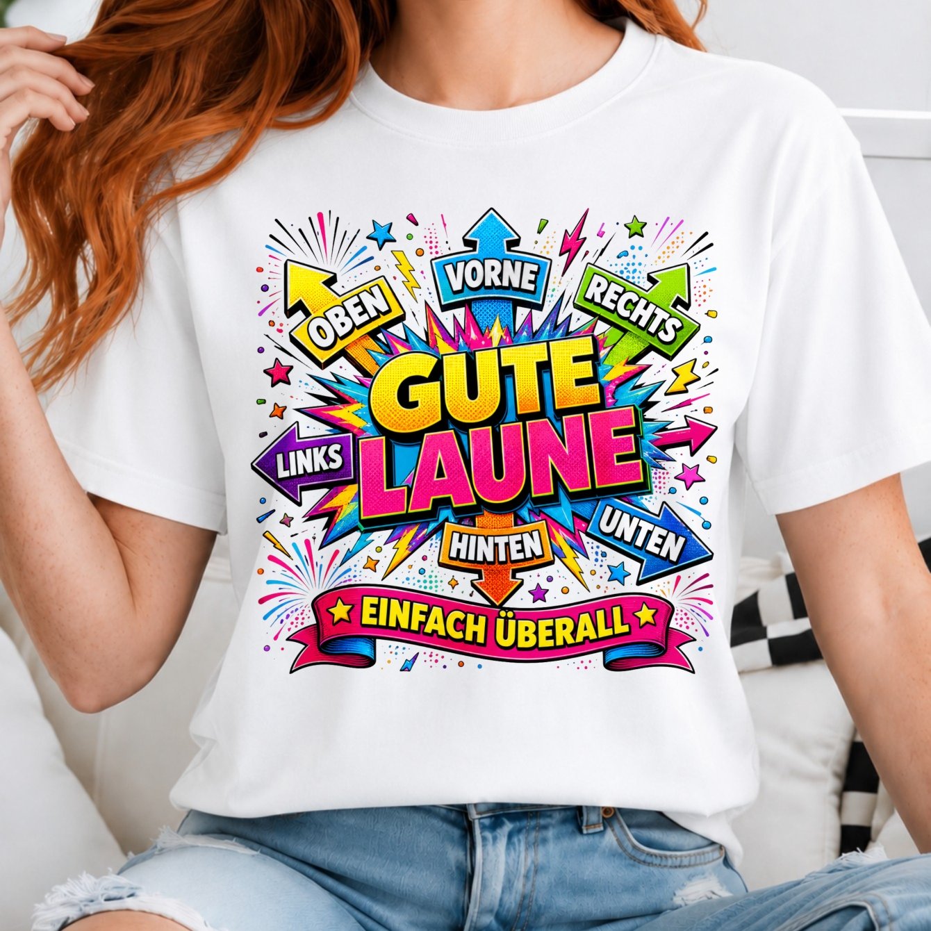 Plus Size - Everywhere T-shirt, Bright Comic Arrows And Fireworks With German , Happy Women's T-shirt
