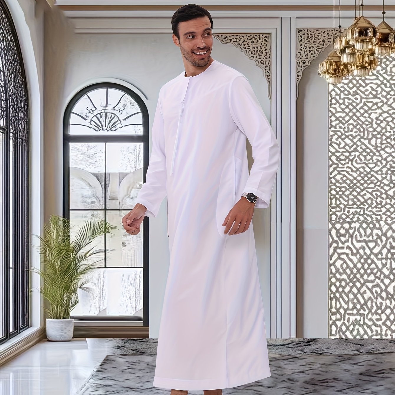 TEMU Men Men's Elegant White Arab Robe - Soft Long Sleeve Dress, Machine Washable, , Suitable For Ramadan And Formal Occasions Religious Attire |