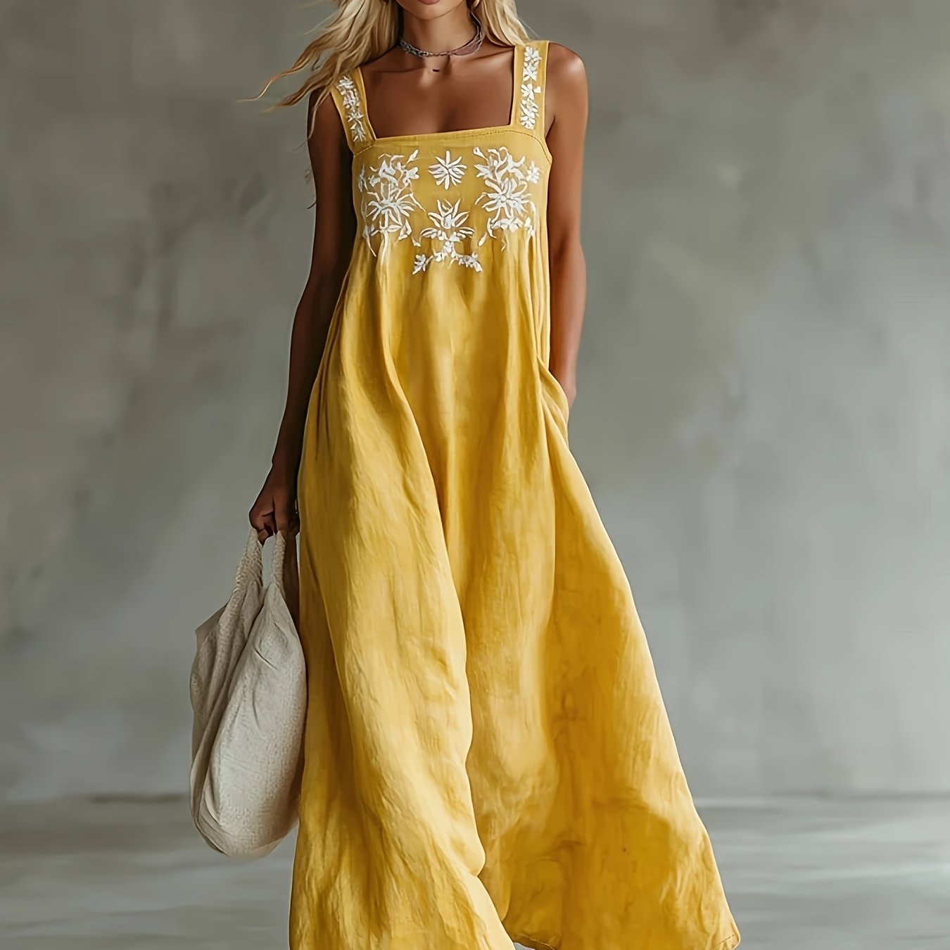 TEMU Women's Summer Square Neck Sleeveless Dress, Elegant Embroidered Pattern Long Skirt