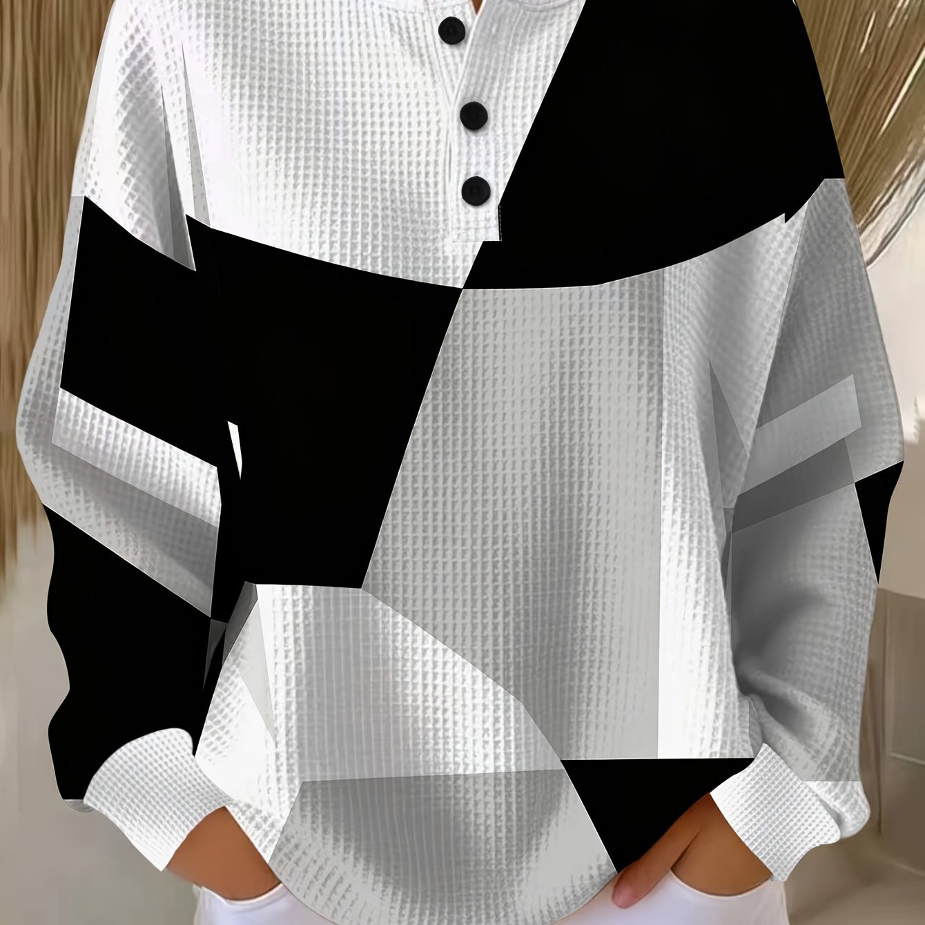 TEMU Standard Size Women'-button Henley Collar Waffle Long-sleeve Top, Featuring A Black And White Geometric Color Block Print. The Fabric Is Soft,