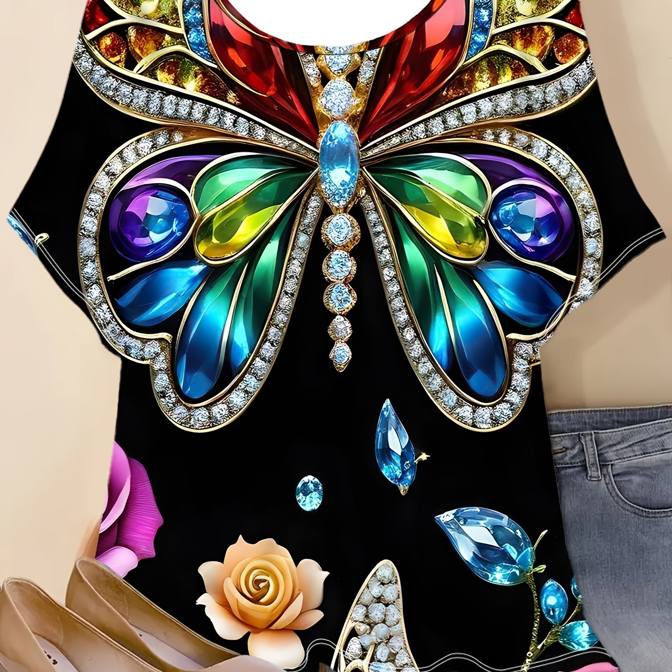 TEMU Plus Size, Women's Plus Size Full-body Gemstone Rose Print T-shirt - Short Sleeve Round Neck Suitable For Casual & Dressy Outfits, Loose Fit