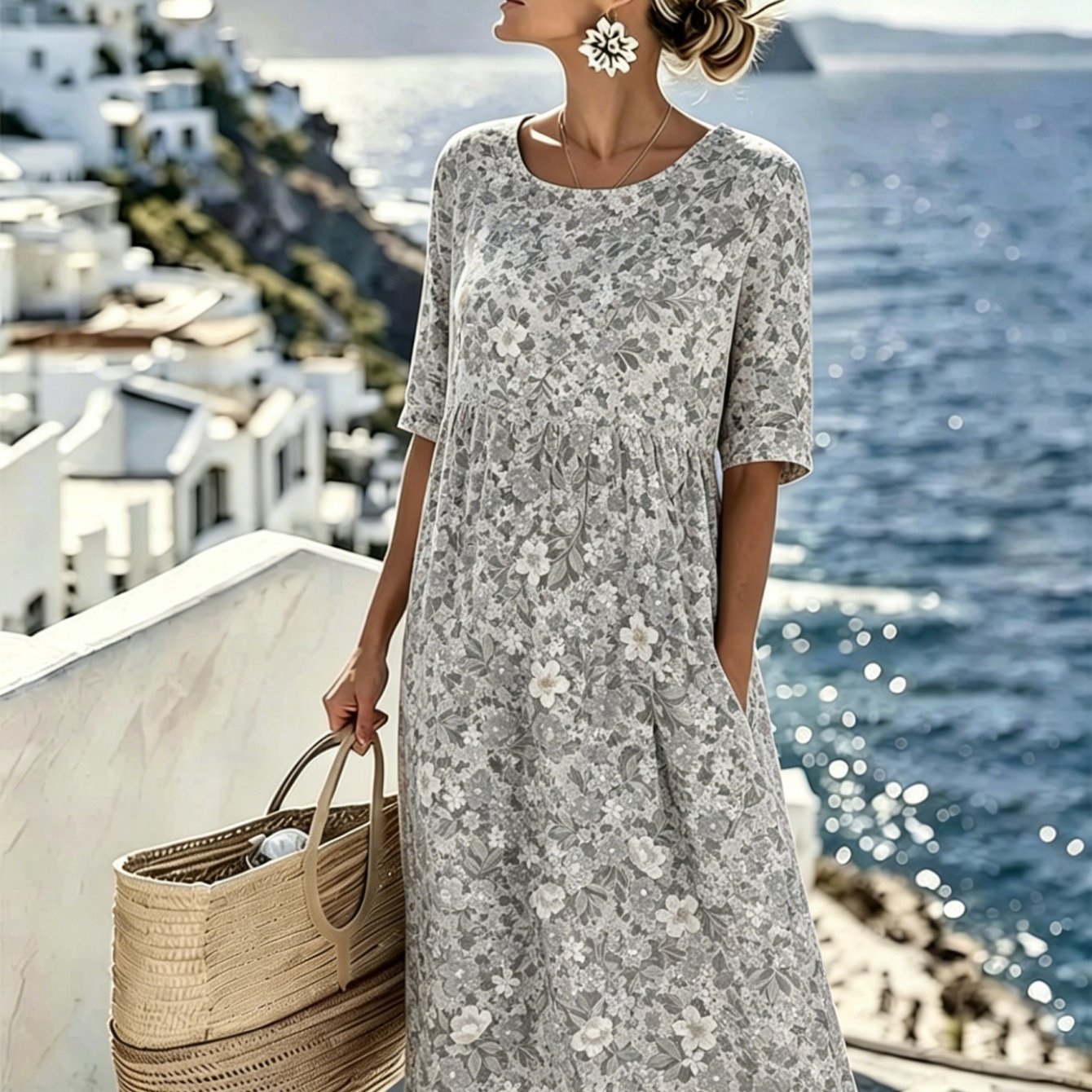 Image of Plus Size, New Arrival Plus Size Round Neck Dress Pocketless Style Round Neck Spliced With Point Sleeve Light Gray Base White Gray Floral Print Daily Casual Wear