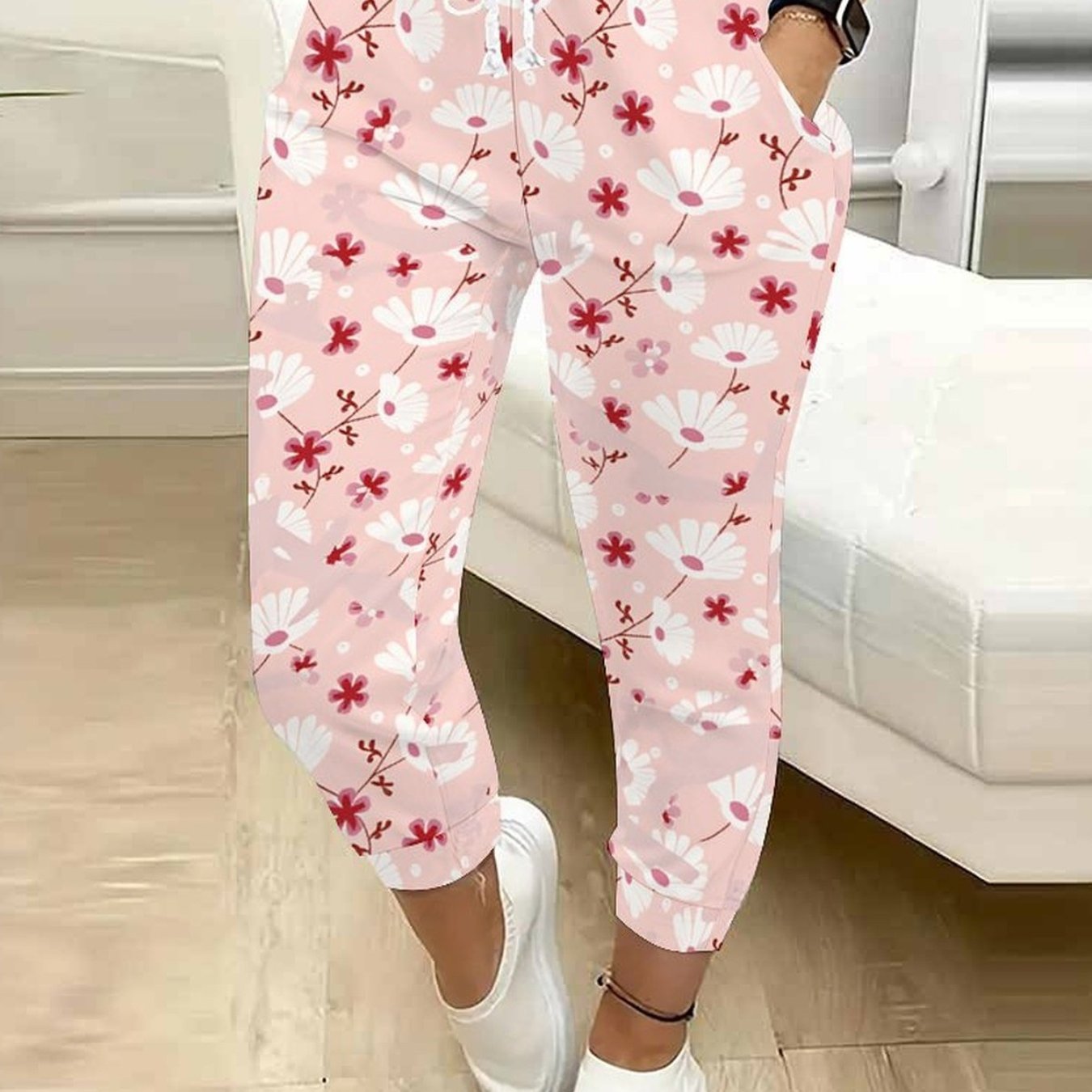 TEMU Classic Women's Casual Drawstring Pants With Floral And Tree Prints, Suitable For Outdoor Play, S, And Daily Casual Wear