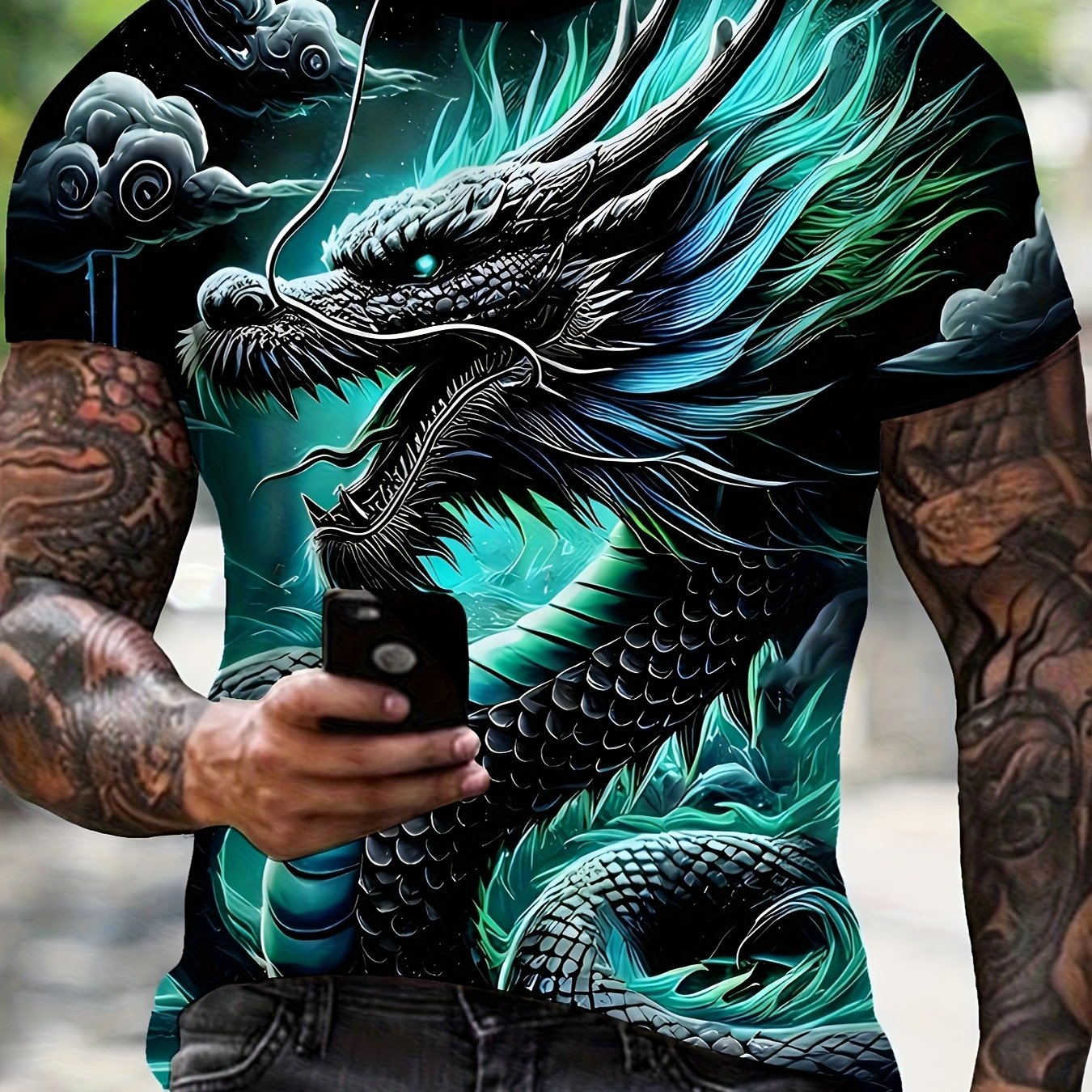 TEMU Latest T-shirt, Men's Short-sleeved Summer T-shirt With Dragon Pattern Print