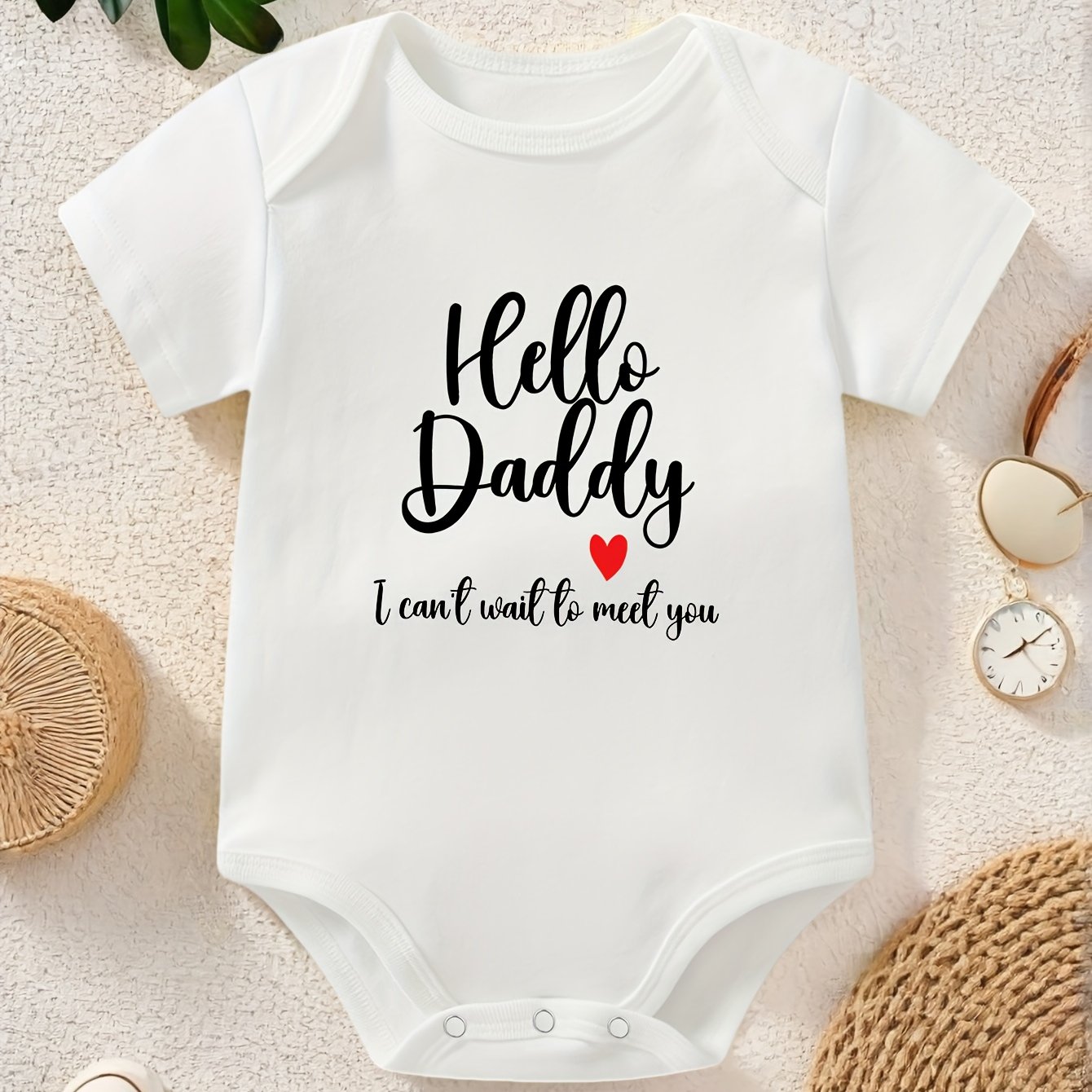 Image of Children's Gift "hello Daddy You" Letter Print Round Neck T-shirt For Boys And Girls, Spring/summer Outing Baby Bodysuit Soft Comfortable Kids Clothing, Perfect For Outdoor