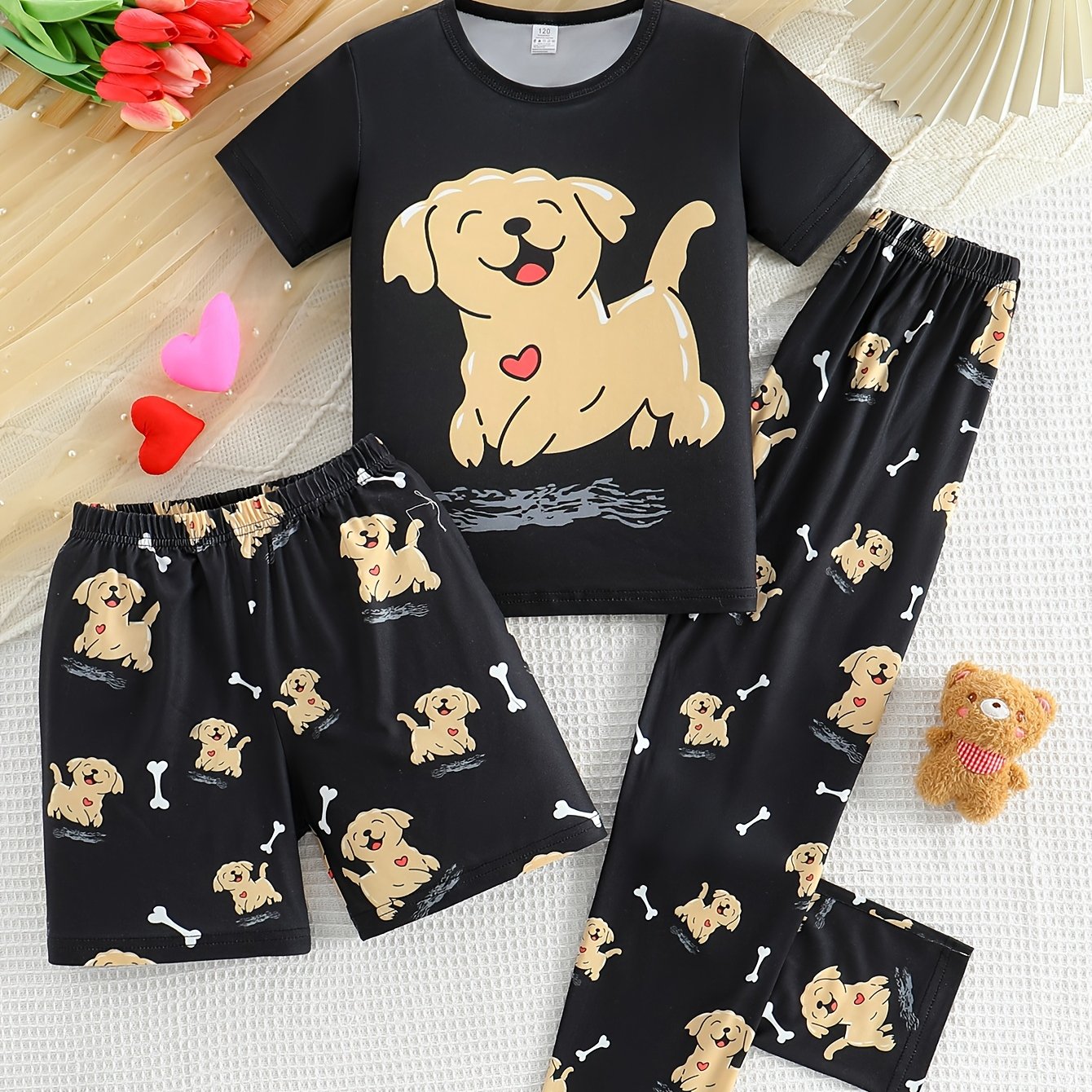 Image of Flame-retardant Material Girls' Cute Puppy Print 3pcs Set With Round Neck Stretch Fabric, Suitable For Spring Summer Autumn Regular Fit Pajama Three-piece Suit