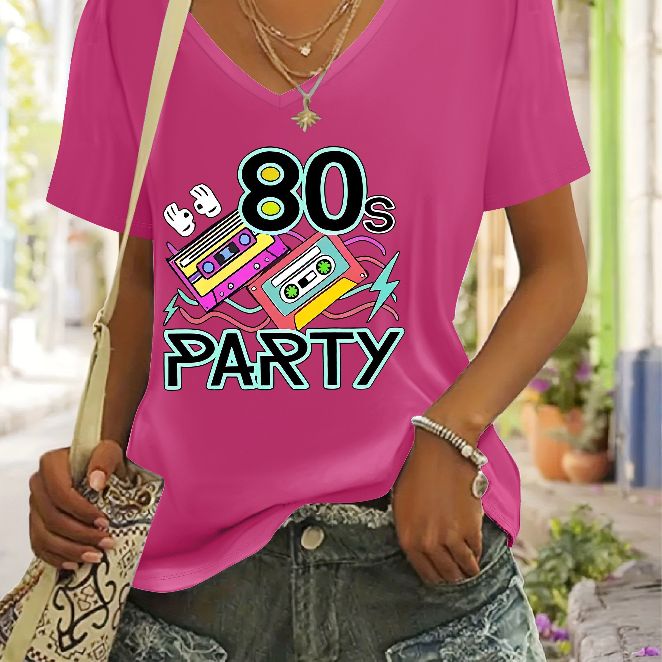 TEMU Women's Retro 80s V-neck T-shirt With Cassette Tape Print - Vintage Vibe Suitable For Daily Wear & Themed Parties, Machine Washable Non- Blouse