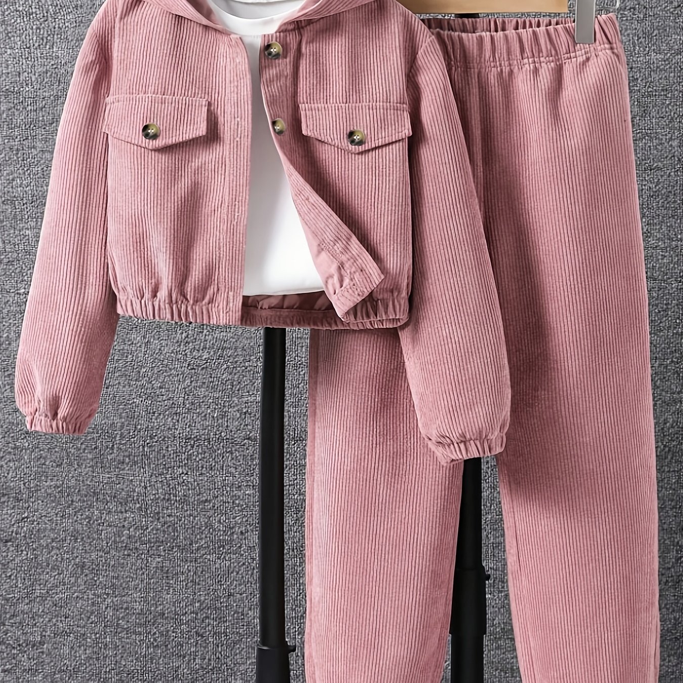 Image of Girls' Fashion Set: Solid Color Corduroy Hooded Top + Jogger Pants 2-piece Set, Casual And Stylish Outdoor Comfortable Outfit, Holiday Gift, Perfect For Outdoor, Back To School Essentials