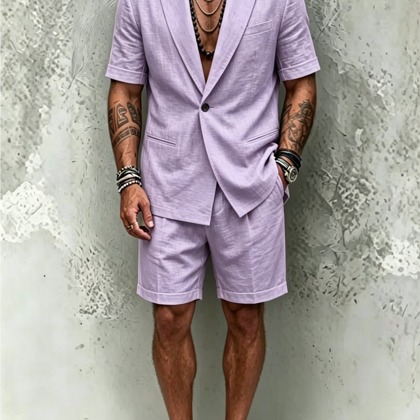 Men's 2pcs Summer Suit Set, Solid Color Short-sleeve Notch Collar Blazer With Solid Color Shorts, Casual Beach Outfit